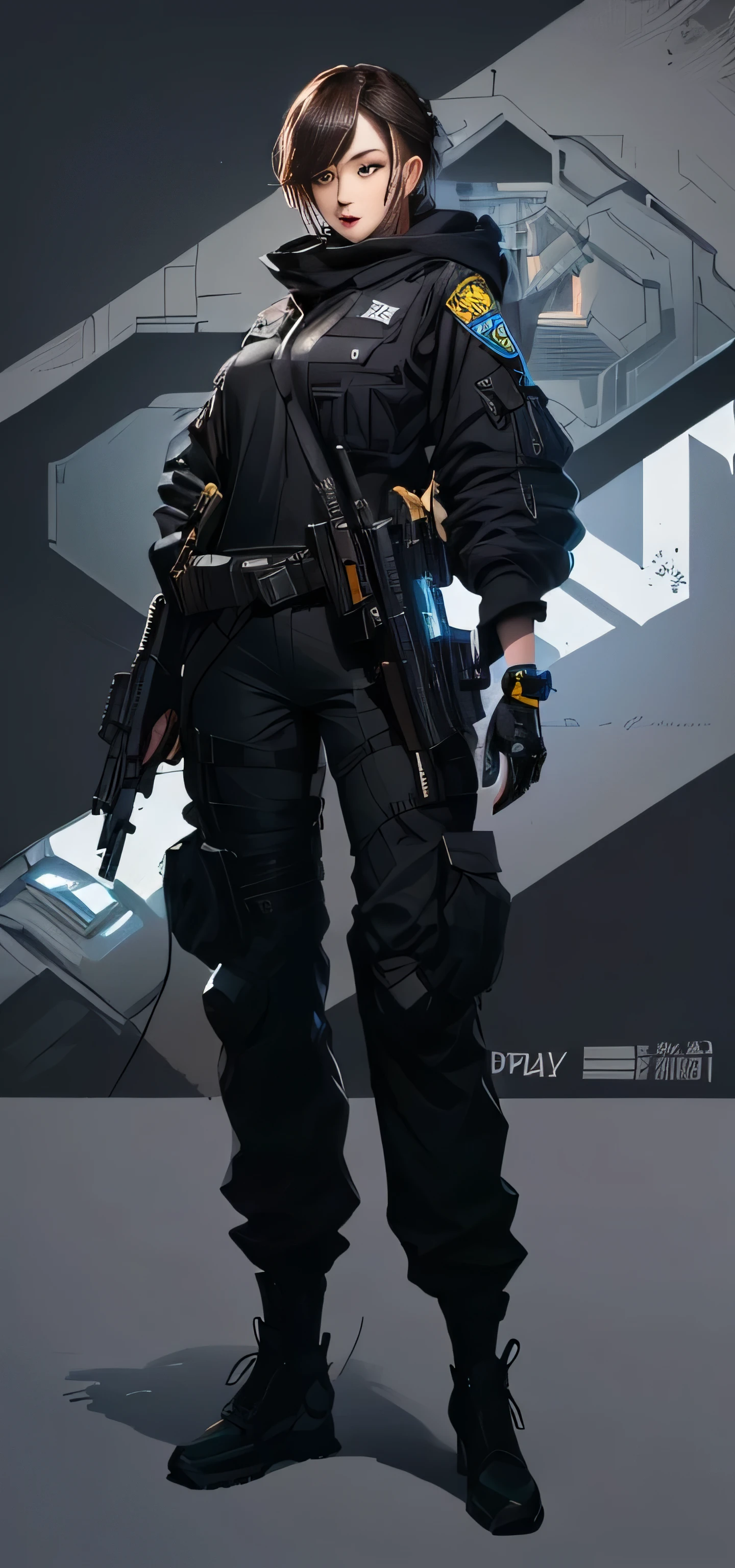 a close up of a person with a gun and a black outfit, by Yang J, from girls frontline, wearing techwear and armor, character design police man!!, high quality character design, ( ( character concept art ) ), trigger anime artstyle, cargo pants. Cyberpunk City, cyberpunk character design, character design police man,Rich in details,Masterpiece,Clean shaping,