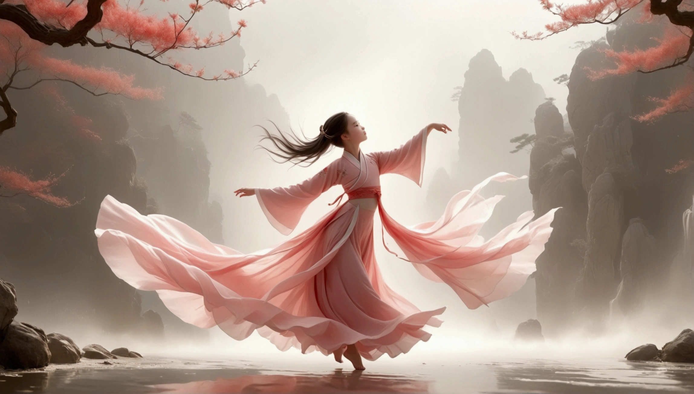 Dance photography;A dancer,Solitary;A little girl in a gorgeous long dress,Princess dress,Chinese style skirt,pink,Conservative style,Smudged skirt hem;The movements of the dance;elegant,Flexible skirt;Long hair shawl。Full body view,front; Simple style;Minimalism。White background,Pure white background;Panoramic photography;Depth of Field, Extraordinary details, masterpiece, high quality, 4K,cinematic lighting, motion blur, depth of field, sparkle, ray tracing, reflection light, anatomically correct, uhd, textured skin, best quality, super detail, highres, high details, accurate, high quality, award winning。