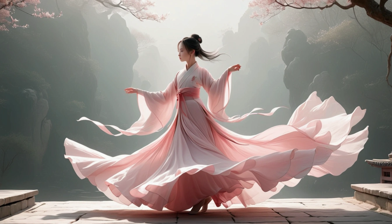 Dance photography;A dancer,Solitary;A little girl in a gorgeous long dress,Princess dress,Chinese style skirt,pink,Conservative style,Smudged skirt hem;The movements of the dance;elegant,Flexible skirt;Long hair shawl。Full body view,front; Simple style;Minimalism。White background,Pure white background;Panoramic photography;Depth of Field, Extraordinary details, masterpiece, high quality, 4K,cinematic lighting, motion blur, depth of field, sparkle, ray tracing, reflection light, anatomically correct, uhd, textured skin, best quality, super detail, highres, high details, accurate, high quality, award winning。