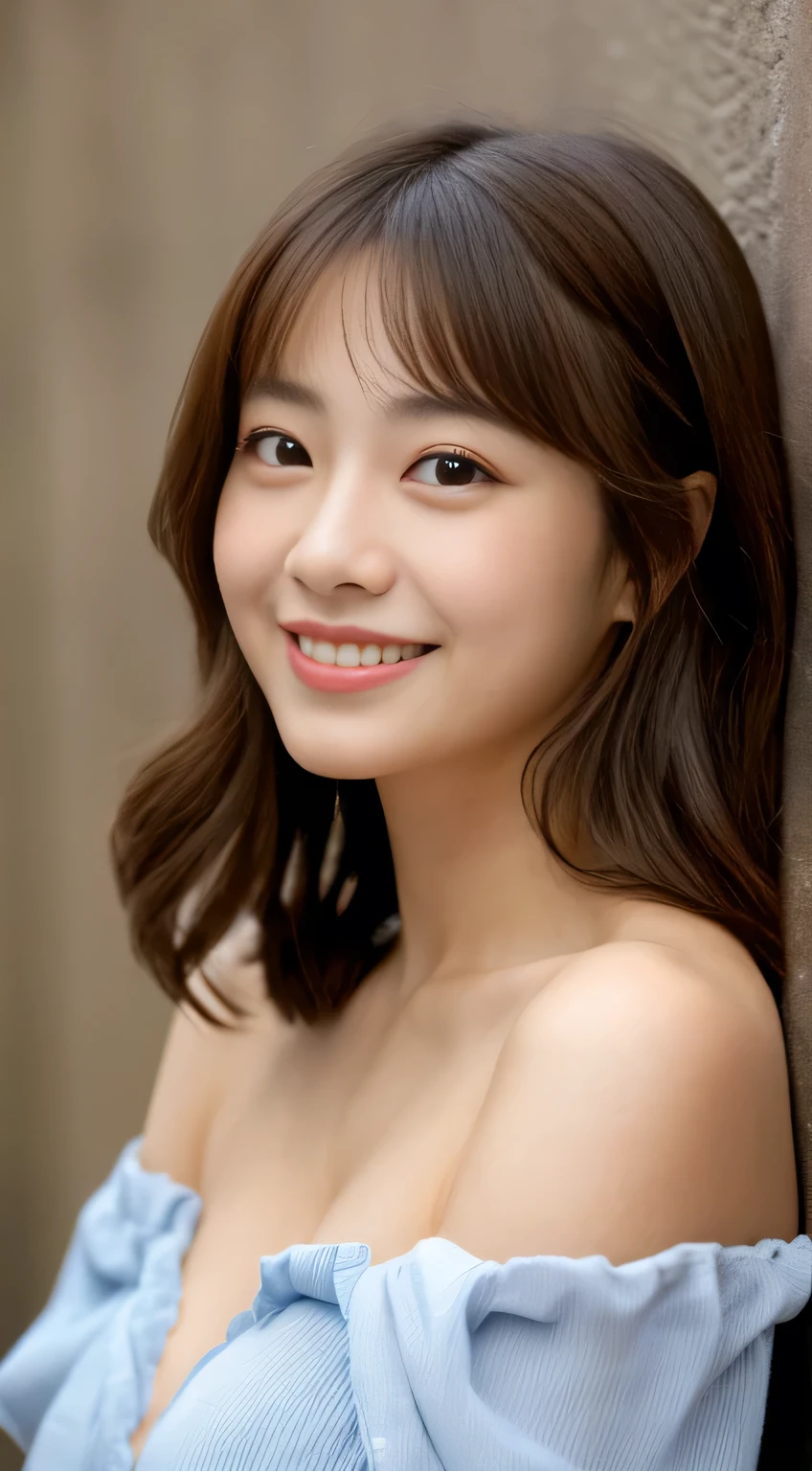 masterpiece,best quality,(Japanese girl),((Beautiful girl)),cleavage,(off shoulder:1.2),(perfect body beauty:1.2),(shy smile)