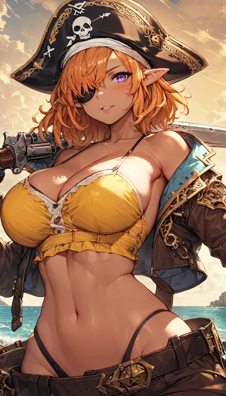 best quality,4k,8k, highres, masterpiece:1.2), ultra-detailed, extremely detailed eyes, extremely detailed body, (large masterpiece digital art), (detailed manga illustration), (detailed line art), ((perfect anatomy)), (intricate details:1.3), (ultra-detailed:1.3), (illustration:1.3), (sharp focus:1.3), (natural lighting:1.05), (vivid colors:1.3), (masterpiece), (best quality:1.4), (perfect anatomy:1.4), high quality, expressive eyes, full body, detailed face, beautiful face, perfect face, 1 girl, breast, large breast, cleavage, detailed hair, medium hair, orange hair, hair over one eye, purple eyes, eyepatch, shark girl, pointy ears, pirate, pirate hat, sharp teeth, teeth, cropped jacket, holding weapon, gunblade, gun, midriff, asymmetrical pants, gloves, curvy, yellow shirt, jewelry, Intricate, High Detail, Sharp focus, dramatic, cinematic lighting, dramatic atmosphere, (((coastline background))), soft bokeh of beach,