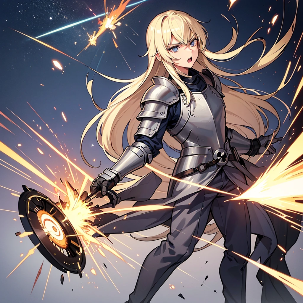 (Full body character concept、10 people)、Highest quality, Best Quality, Best illustrations, (((Grey Armor)))、(((Blond long hair man、Long-haired man、male、24-years-old、Cool guy)))、(Medieval Knight)、(Navy blue trousers)、(get annoyed、Open your mouth)、(Living in the desert)、(White background)、Run、(From the back、back view)、(attack、Same angle、Deathblow、sparks)
