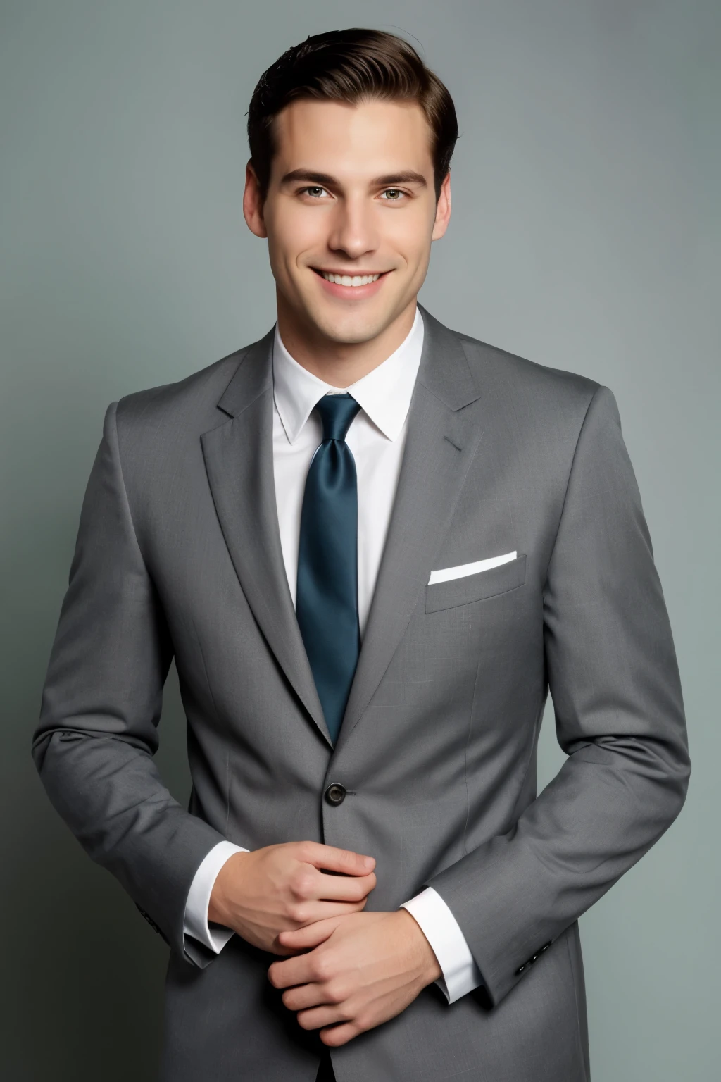 the face of  young white guy,  short black hair, without glasses, with dark gray-blue eyes, straight and long thin nose, an elongated face with big smile, without beard, without mustache, in gray-green suit