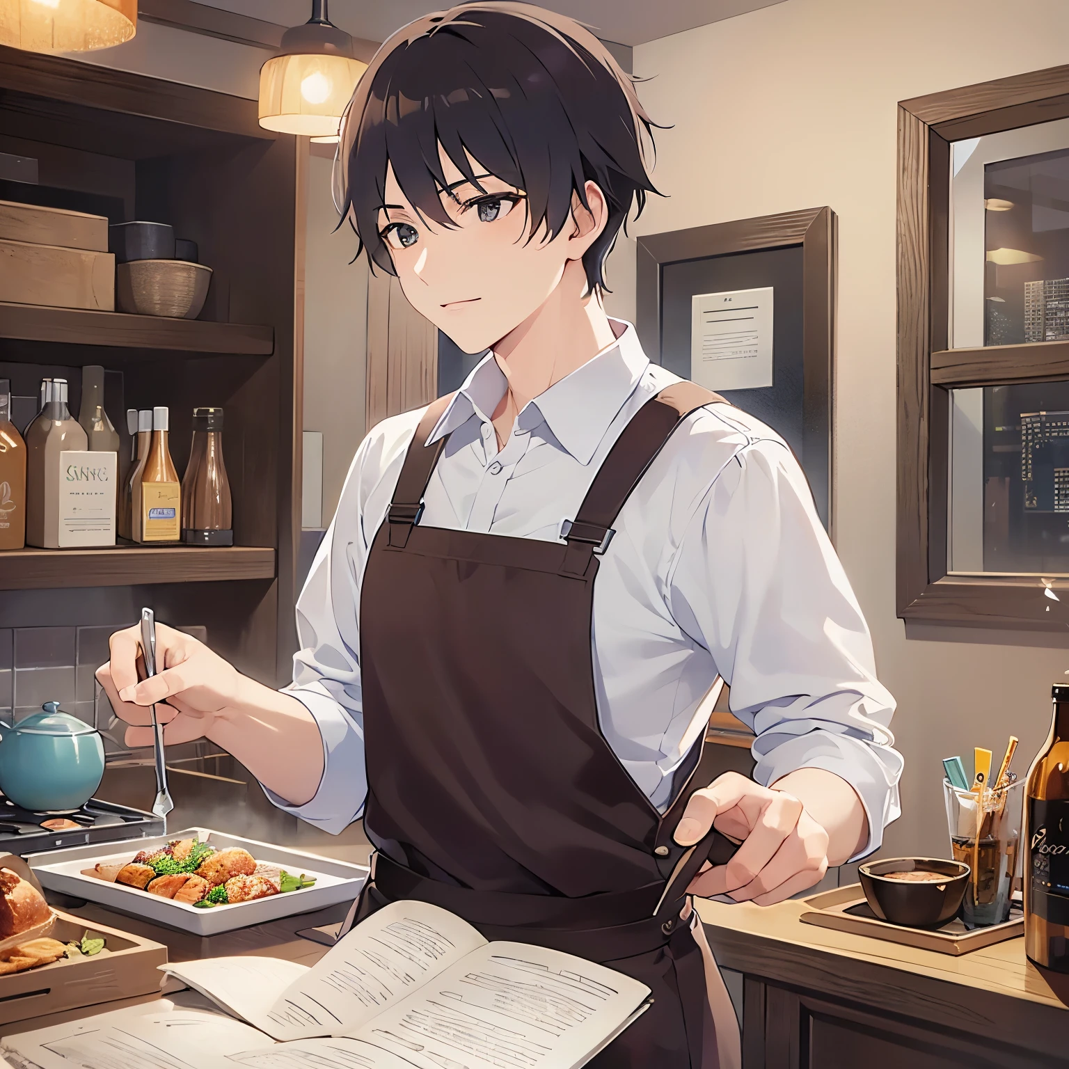 BREAK (25-year-old male:1.5) and (Mahogany brown short hair) and (Green Eyes)
BREAK (white collared shirt) 、apron、upper body、(looking away:1.5),Side shot、profile、
masterpiece、Highest quality、
smile,sautéing、Are standing、The background is the kitchen at night、(Night Sky:1.5)alone、Upper body is shown、