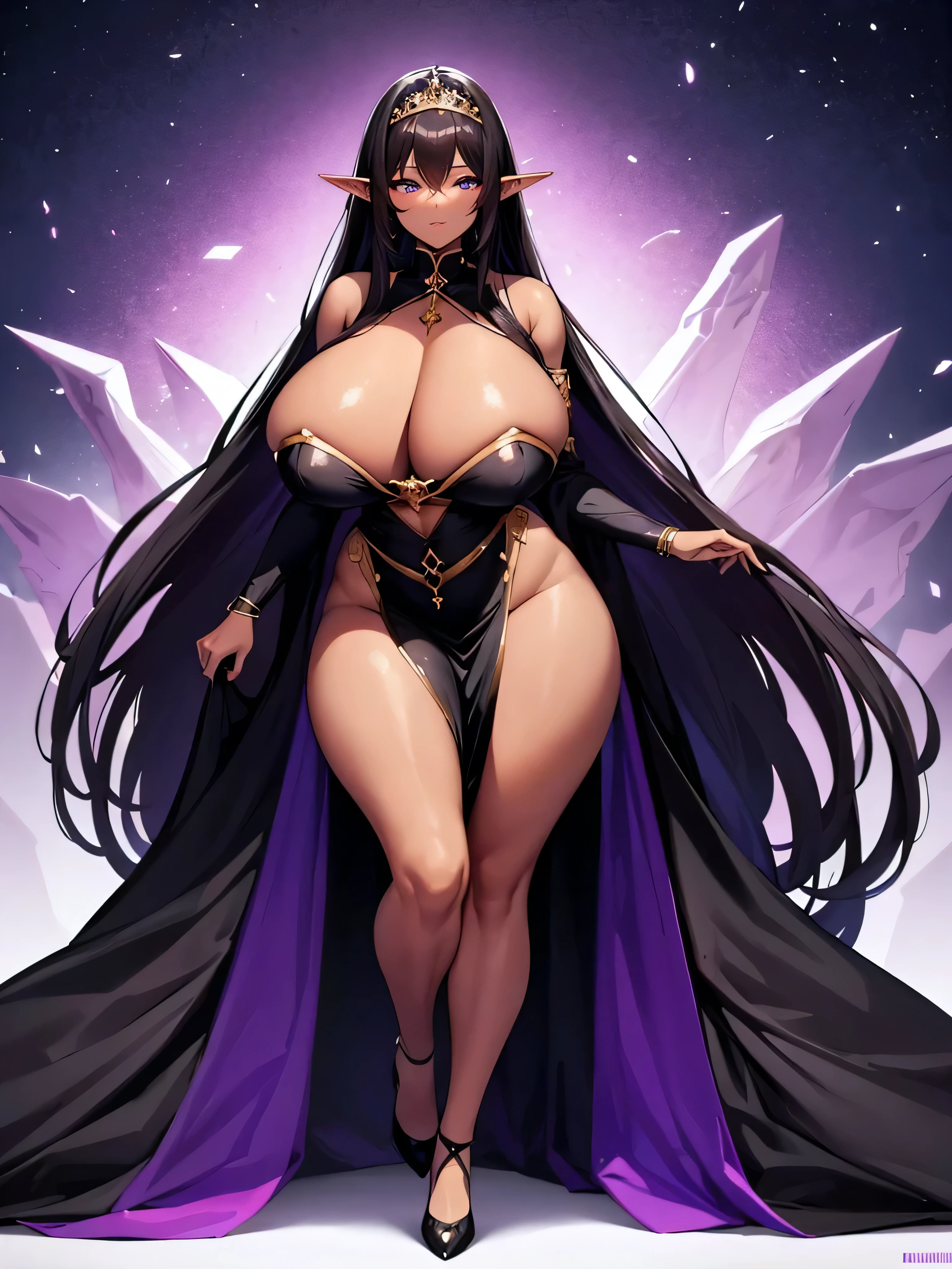 Elf, Sexy, Adult, Pointy Ears, Dark Brown Skin, Purple Eyes, Thick Twin Tailed Hair, Long Black Straight Hair, Huge Breasts, Huge Hips, Thick Theighs, Black Royal Dress, Tiara, Full Body, High Quality, 1Girl,