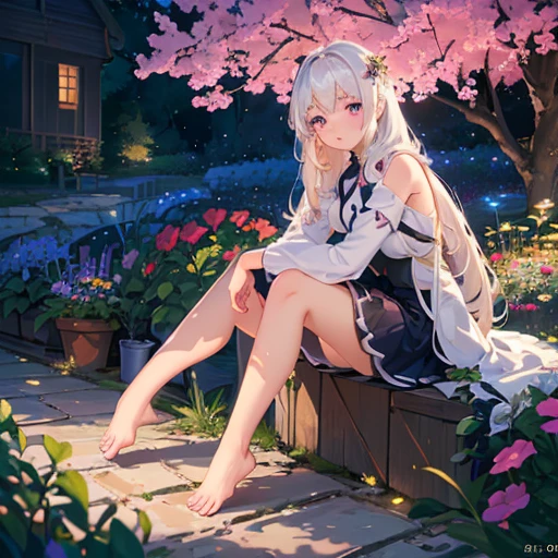 (best quality,4K,8K,high resolution,masterpiece:1.2),Very detailed,(Practical,photoPractical,photo-Practical:1.37),illustration,Soft Light,White hair girl,Deep purple eyes,Glowing eyes,sit down,barefoot,blush,Garden at night,Flowers.