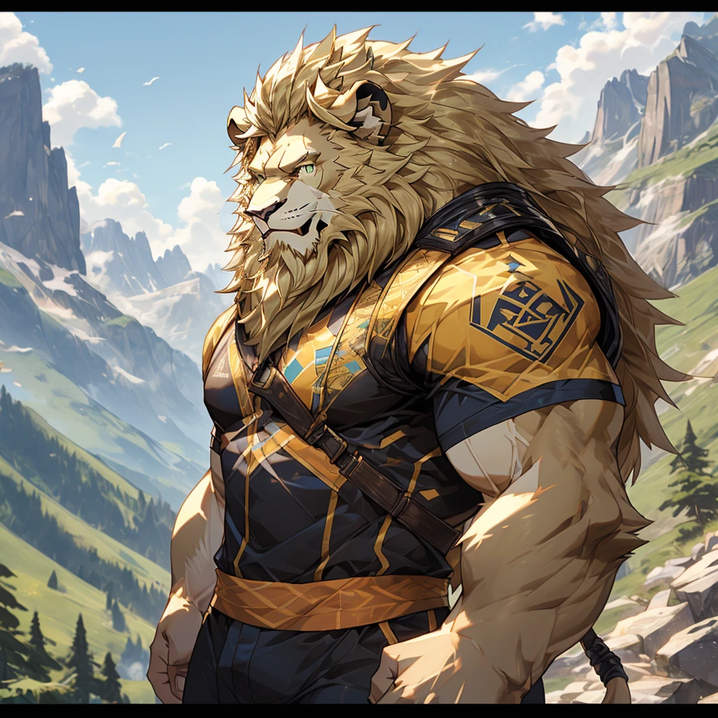 (best quality,4K,8K,high resolution,masterpiece:1.2),Extremely detailed,(Practical,photoPractical,photo-Practical:1.37),lion, male, Long blond mane, Blonde chin beard, Green Eyes, Muscular body, Tight sportswear, Hiking in the mountains, Smiling and looking at the scenery, Vibrant colors, 金色灯光肌肉发达的lion 登山者 胡子，Short sleeve