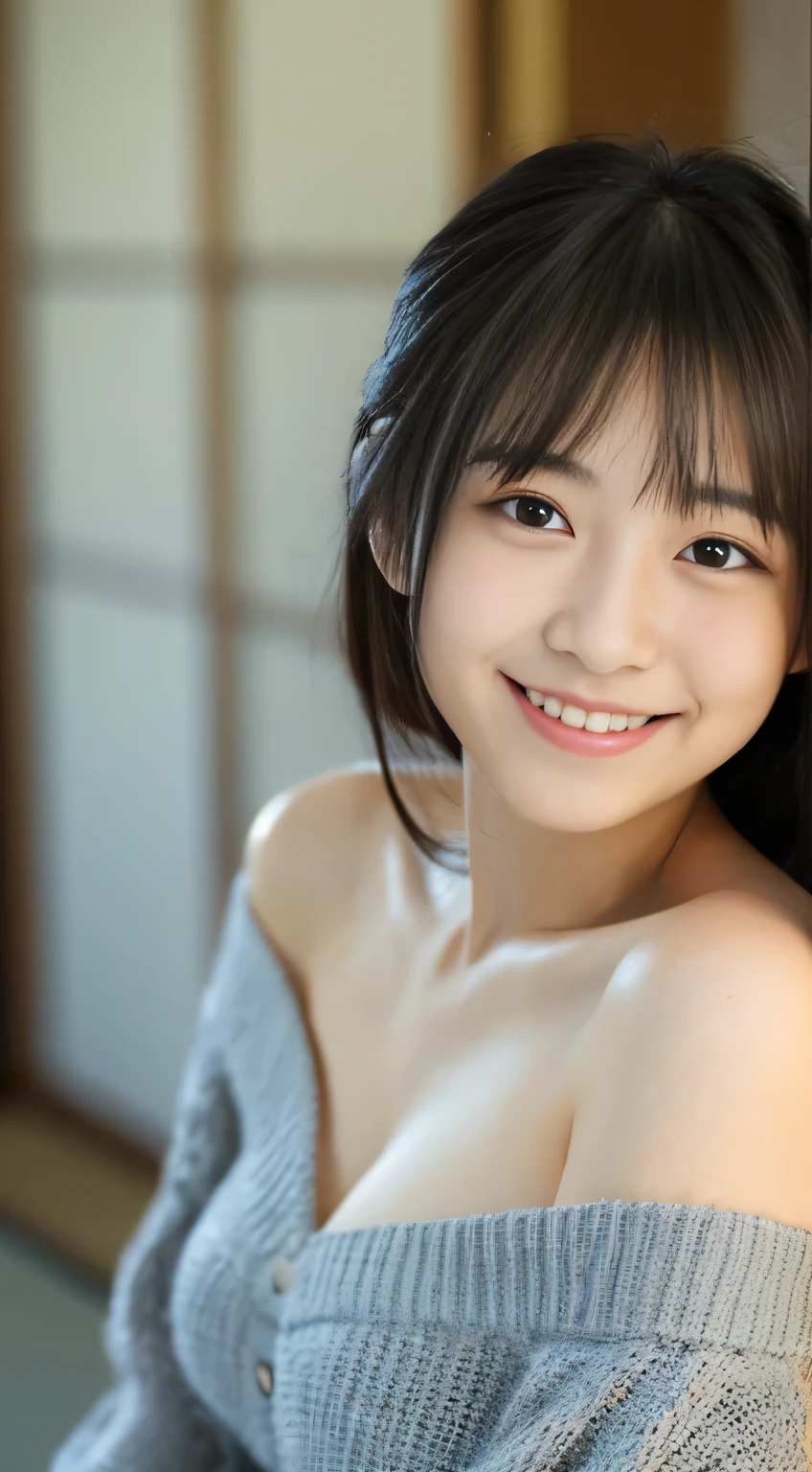 masterpiece,best quality,(Japanese girl),((Beautiful girl)),cleavage,(off shoulder:1.2),(perfect body beauty:1.2),(shy smile)