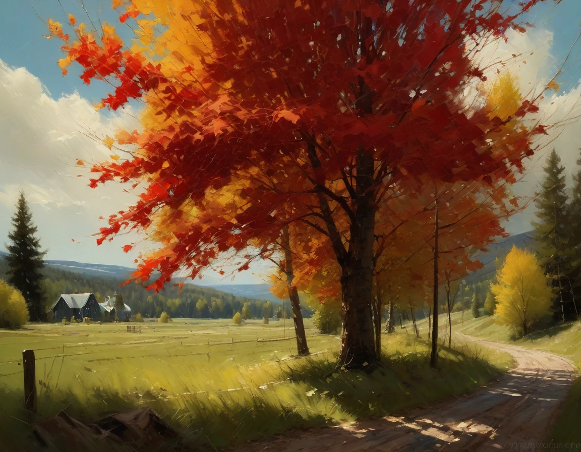 Jeremy Mann. (Nature and Landscapes painting) (Masterpiece, Best Quality, 4K,) , Impasto oil painting, textured. Saturated deep colors. High contrast. Detail. Multi-layered image with cellular shadows. Beautiful Landscapes, Perfect Nature, Canada wildlife and nature landscapes, maple trees, Red maple leaves, Grassland, Spring vibrant colors, especially featuring local flora and fauna, golden ratio, award-winning, highly detailed, centered, drawn, complex, volumetric lighting, beautiful, masterpiece, depth of field, perfect composition, high resolution 8K, palette knife and brush strokes, Artistic style Ivan Shishkinl artist.