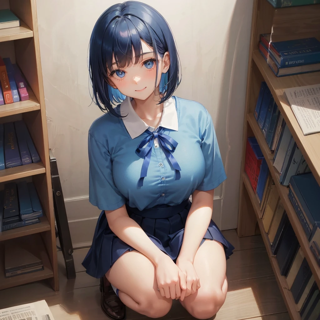 1. High school girl 17-year-old female Bobcut dark blue hair color High School Uniform Light blue Y-shirt Short sleeve Blue Ribbon dark blue hair color Slim figure Large Breasts Full body portrait School library Smiling Kindly Laugh a little library Hand Signs squat Kneel Look up here