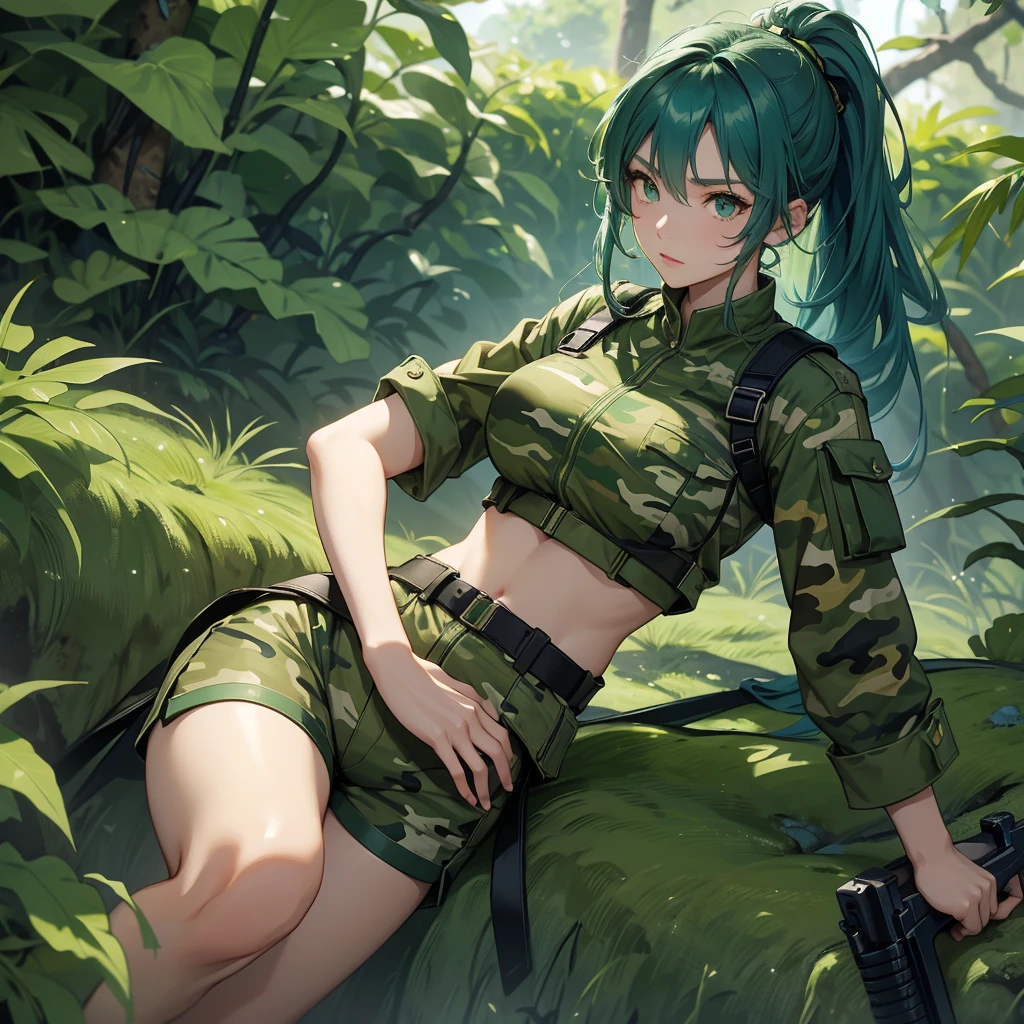 Blue Ponytail、Leona Heidern。Cool Beauty、Green camouflage military uniform、Green camouflage shorts、Camouflage belly button、Big Breasts、darkness、jungle、Highest quality