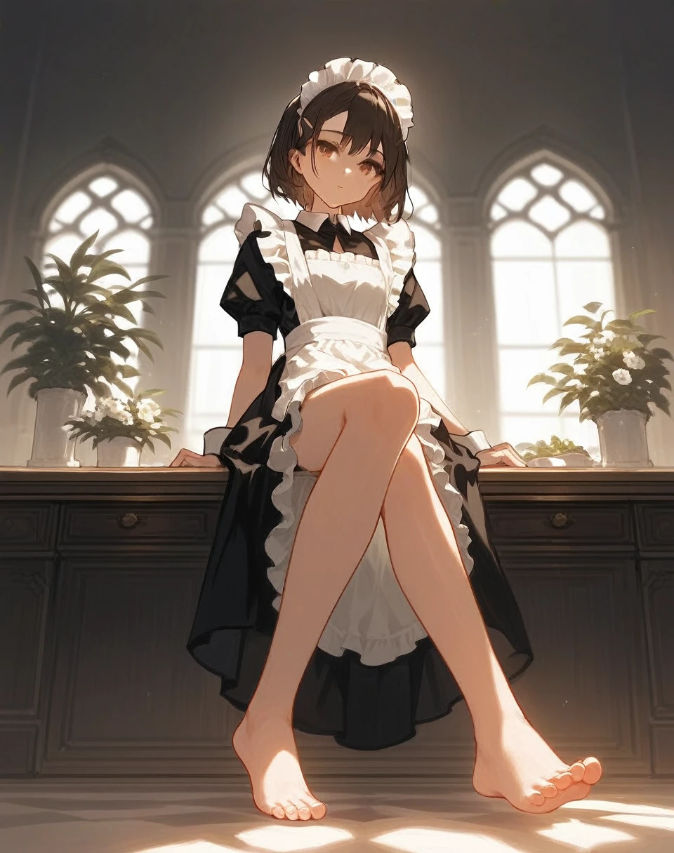 (score_9,score_8_superior,score_7_superior,score_6_superior,score_5_superior,score_4_superior),One girl,alone,Maid,Maid headdress,View your viewers,apron,Brown Hair,indoor,Black Hair,barefoot,Feet Focus,