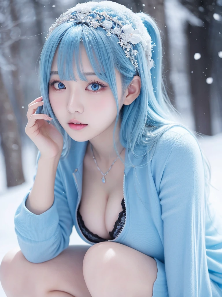 Snow Country High Resolution Light Blue Hair & Cleavage Fantastic World Yukihana, 22 years old, crouching Korean Makeup Low nose Shortcuts