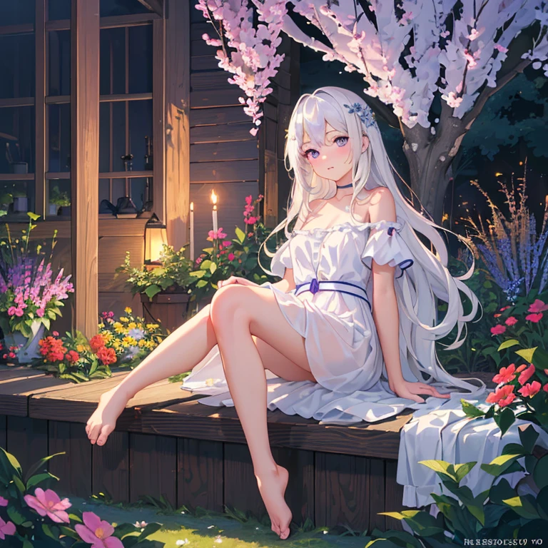 (best quality,4K,8K,high resolution,masterpiece:1.2),Very detailed,(Practical,photoPractical,photo-Practical:1.37),illustration,Soft Light,White hair girl,Deep purple eyes,Glowing eyes,sit down,barefoot,blush,Garden at night,Flowers.