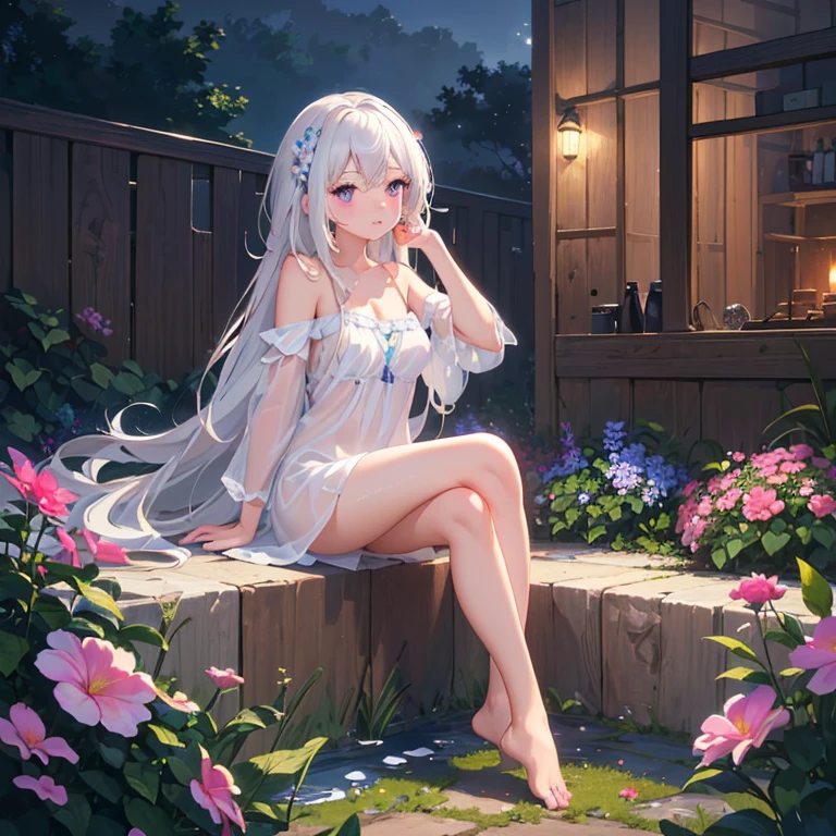 (best quality,4K,8K,high resolution,masterpiece:1.2),Very detailed,(Practical,photoPractical,photo-Practical:1.37),illustration,Soft Light,White hair girl,Deep purple eyes,Glowing eyes,sit down,barefoot,blush,Garden at night,Flowers.