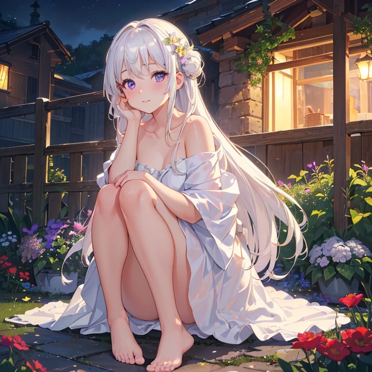 (best quality,4K,8K,high resolution,masterpiece:1.2),Very detailed,(Practical,photoPractical,photo-Practical:1.37),illustration,Soft Light,White hair girl,Deep purple eyes,Glowing eyes,sit down,barefoot,blush,Garden at night,Flowers.
