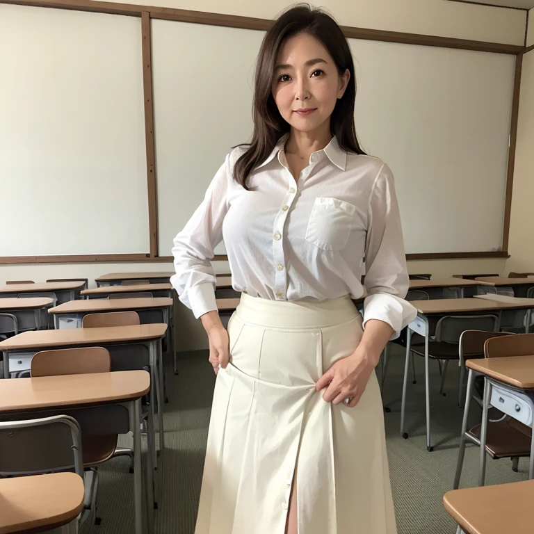 High resolution, High-level image quality, High definition, masterpiece, 8k, Anatomically correct, Professional Lighting, sharp, White Photo,
((Japanese Mature, 110 years old, Married Woman Teacher)), One person, ((Facial wrinkles)), Shapely breasts, Straight, light brown, long hair that reaches the shoulders, Chubby body type,
((School classroom, Standing upright, holding the attendance book and looking at the viewer)),
(((A white summer buttoned shirt tucked into a skirt, Tight white long flared summer skirt))),
Composition from knee to head