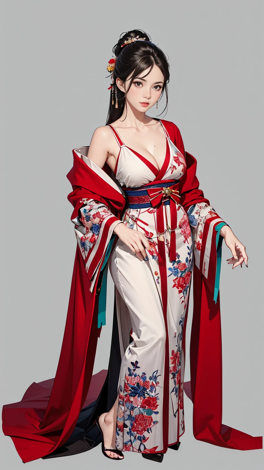 ((masterpiece,best quality,8k,highres)),((character concept art)), 1 female, mature female, Asian, grandmother, milf, sexy, lustful, 40 years old, 160 cm height, (medium length grey hair), black hair, (fair skin colour), ultra finely detailed eyes (brown eyes colour), extraordinary gorgeous, seductive, flirtatious, calm, friendly, perfect body build ((slim, busty)), ((intricate detail)), super finely detailed hands, ultra finely detailed fingers(((ten fingers))), wearing revealing kimono, colored Japanese tattool, Yakuza boss, yakuza tattoo (standing still), (full body showcase), (show full body), (no logos on background), (no logo), ((plain background)), ((plain background)), (((empty background)))