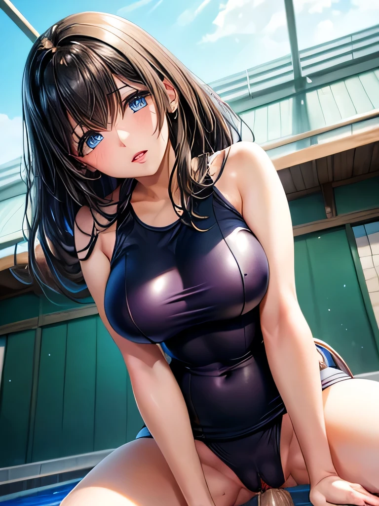 masterpiece, super fine illustration, best quality, light particles, ultra detailed, perfect anatomy, Japanese anime style, 8K, (woman), (big breasts), (black hair, disheveled hair, long hair), shiny hair, shiny skin, (school swimsuits:1.2), (nipple), beautiful face, (beautiful purple eyes, shiny eyes, orgasm face, big eyes), blush cheeks, open mouth, arched back, (man:1.3), (vaginal penis:1.2), hetero, (woman sit astride on man:1.2), (woman on top), (cowgirl position:1.2), (rodeo:1.2), man in below, (intense Sex:1.6), (cum out:1.2), (outdoor, pool), sunlight, shadow, nsfw, (from below:1.2),