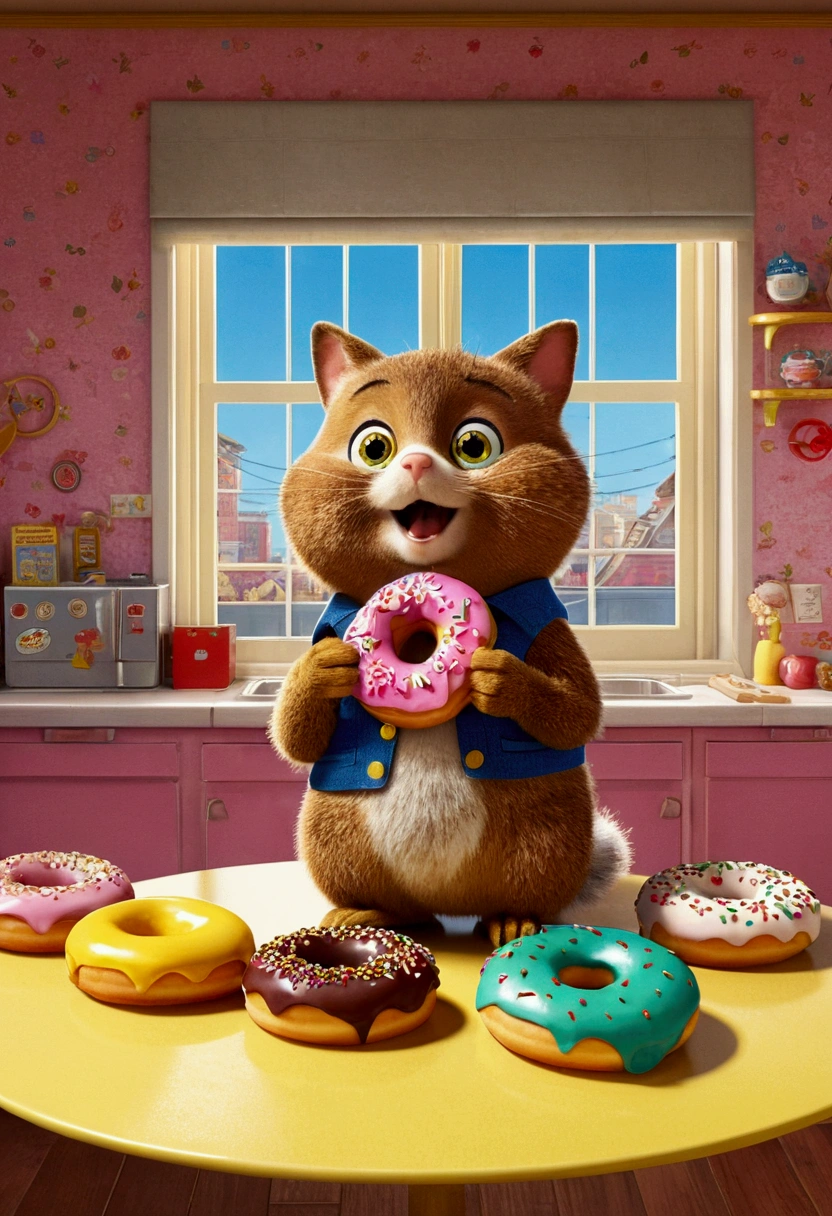 Eating Donuts, by Richard Scarry, full body, cinematic still, (best quality, masterpiece, photorealistic), very aesthetic, perfect composition, intricate details, ultra-detailed, vivid colors
