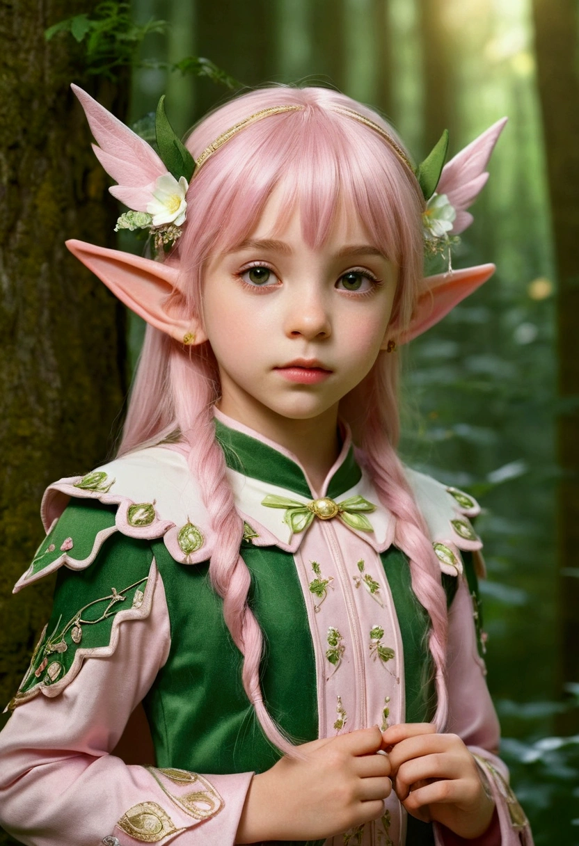 (Photographs of small children), Elf girl in the forest, Pointed ears, Light pink and light green style, Anime Aesthetics, Detailed clothing, juvenile, Realism techniques, Flowers and Birds, Light gold and green, Upper Body