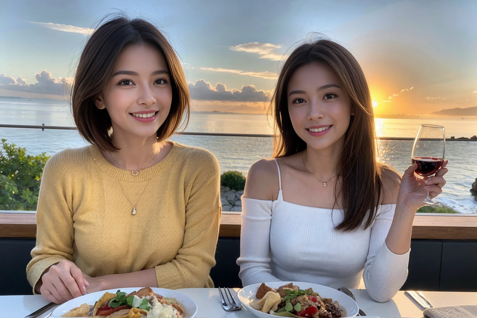 (Realistic:1.1),(masterpiece,Highest quality),8k,(40 years old), 44 years old, slimカップル、Model Couple、actress/actor、Tight waist,Upper Body,full-course dinner、wine 、Amazing view of the sunset sky and clouds、Perfect Anatomy, Brown Hair, short hair,Random Hairstyles,((Highly detailed face and eyes:1.2))(cute顔:1.4),美しいactressの顔,Perfect golden ratio face,Long sleeve shirt、dress,(smile:1.2)、Shortcuts、cute、(Realistic, Intricate details:1.2), A bright smile、short hair,Bright Face、赤wine 、Appetizers、Italian food、wine bottle、Champagne、スパークリングwine、(slimな顔), (The body is slim), (Brown Hair), (Shortcuts), Upper Body, 白wine, slim, wineグラス,