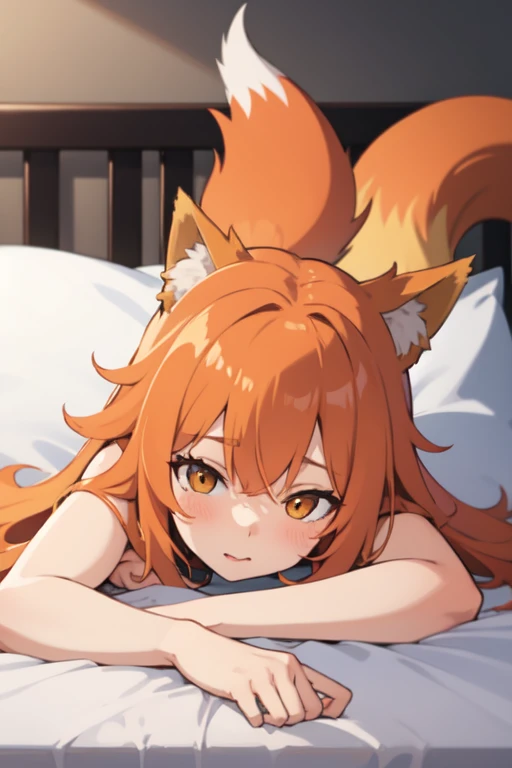 Orange hair fox girl, unclothed, lying on a bed