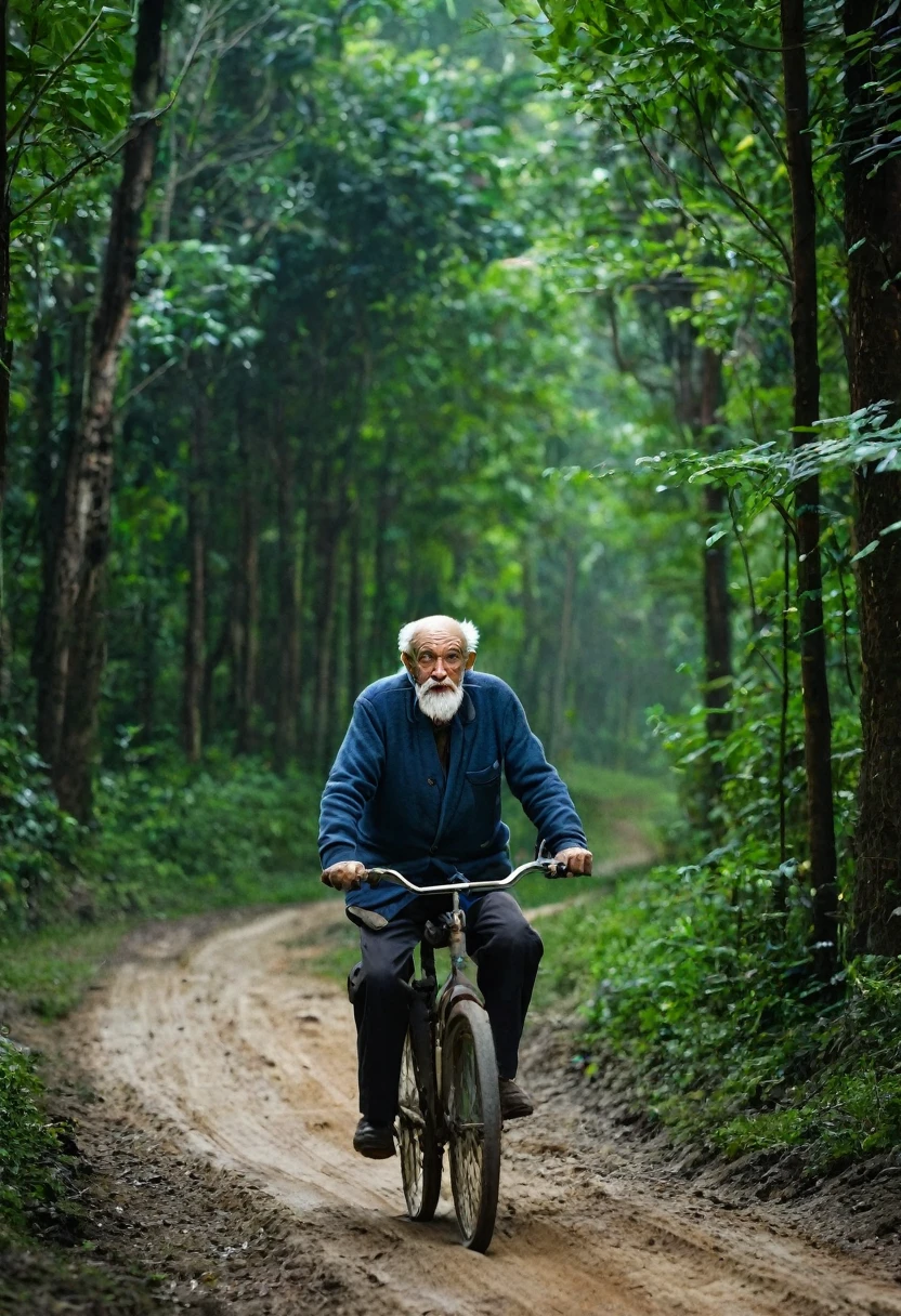 An old man riding a bike on a dirt road in the forest