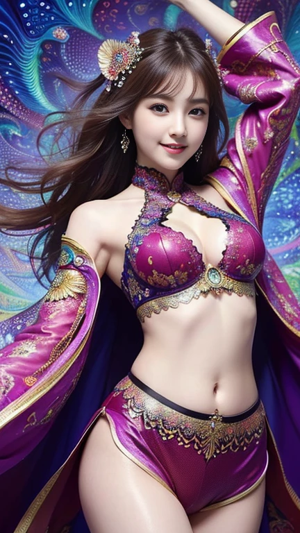 (Masterpiece, Highest quality, best quality, official art, beautiful and beautiful:1.2), (1 girl),whole body, very detailed,(fractal art:1.3),colorful,Maximum details, Beautiful smile, plump, chestnut-shaped lips, fit, Show your shoulders., Seeing the abdomen, dance, to move,