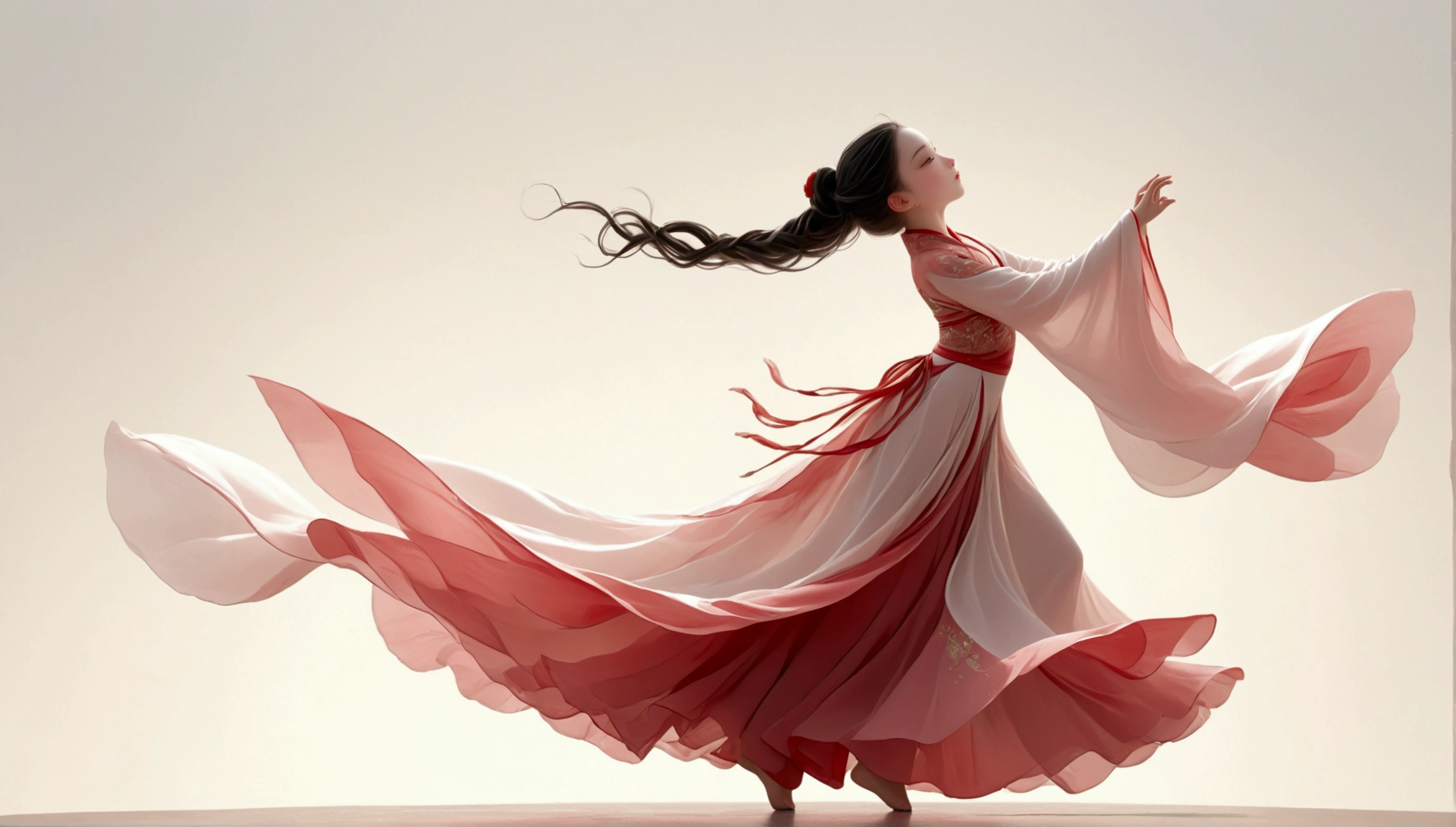 Dance photography；A dancer，Solitary；A little girl in a gorgeous long dress，Princess dress，Chinese style skirt，pink，Conservative style，Smudged skirt hem；The movements of the dance；elegant，Flexible skirt；Long hair shawl。Full body view，front； Simple style；Minimalism。White background，Pure white background；Panoramic photography；Depth of Field, Extraordinary details, masterpiece, high quality, 4K，cinematic lighting, motion blur, depth of field, sparkle, ray tracing, reflection light, anatomically correct, uhd, textured skin, best quality, super detail, highres, high details, accurate, high quality, award winning。