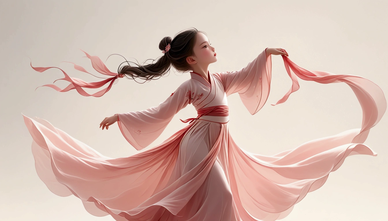 Dance photography;A dancer,Solitary;A little girl in a gorgeous long dress,Princess dress,Chinese style skirt,pink,Conservative style,Smudged skirt hem;The movements of the dance;elegant,Flexible skirt;Long hair shawl。Full body view,front; Simple style;Minimalism。White background,Pure white background;Panoramic photography;Depth of Field, Extraordinary details, masterpiece, high quality, 4K,cinematic lighting, motion blur, depth of field, sparkle, ray tracing, reflection light, anatomically correct, uhd, textured skin, best quality, super detail, highres, high details, accurate, high quality, award winning。