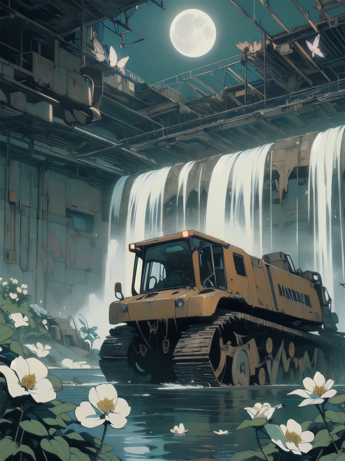 (((Masterpiece, top quality))), (((32K wallpaper))), detailed machinery, abandoned factory, atrium, (((white flower field))), (((rusty heavy machinery))), gorgeous light leak, (((white moon))), detailed background, top quality, (((no humans))), collapsed heavy machinery, complex heavy machinery, faint lighting, Midnight, (((very dull color))), (((detailed rusty heavy machinery))), (((many white flowers falling))), (((rusty heavy machinery covered with flowers))), (((many butterflies))), (((abandoned garage))), (((submerged)), (((waterfall from ceiling))), (((waterfall falling on heavy machinery )))), (((blue night))), (((detailed waterfall and water))), (((close-up of heavy equipment)))