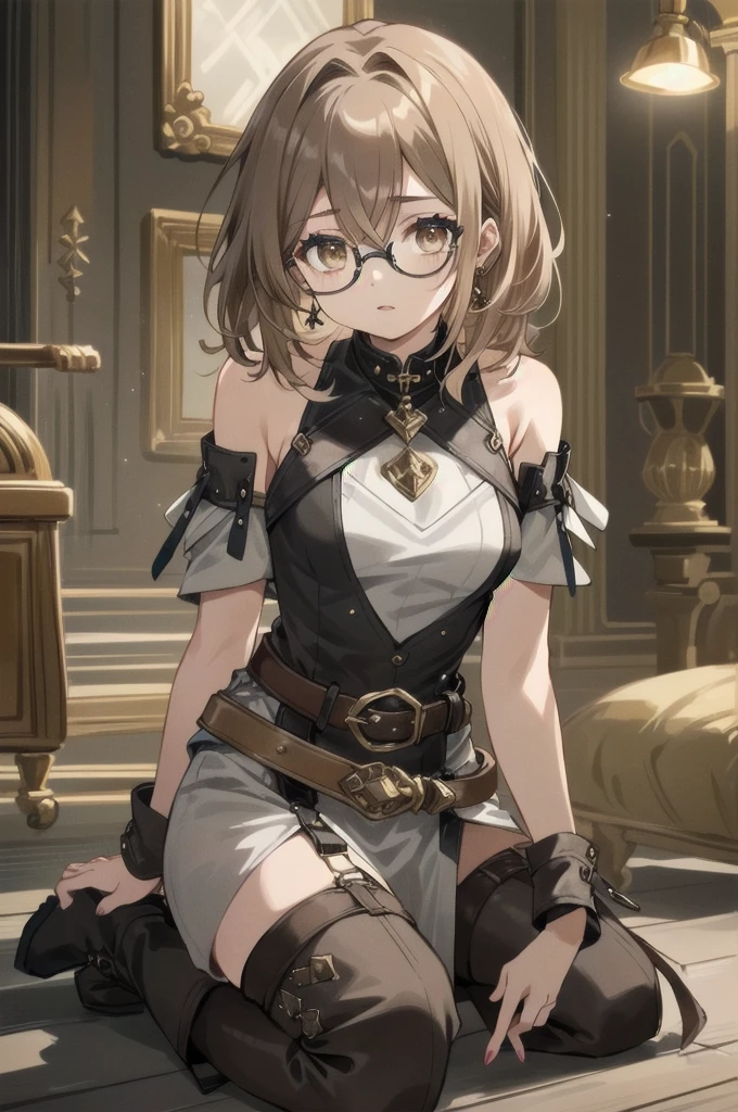 Angelica 25 years old, mid twenties, (bronze medium shaggy hair:1.1), (slant eyes:1.3), hair between eye, Hazel eyes, medium breasts, glasses, earrings,(makeup:1.15) indoor, (light brown hair:1.1), chainmail set with leather boots and belt, shoulders, belly, solo, fantasy
