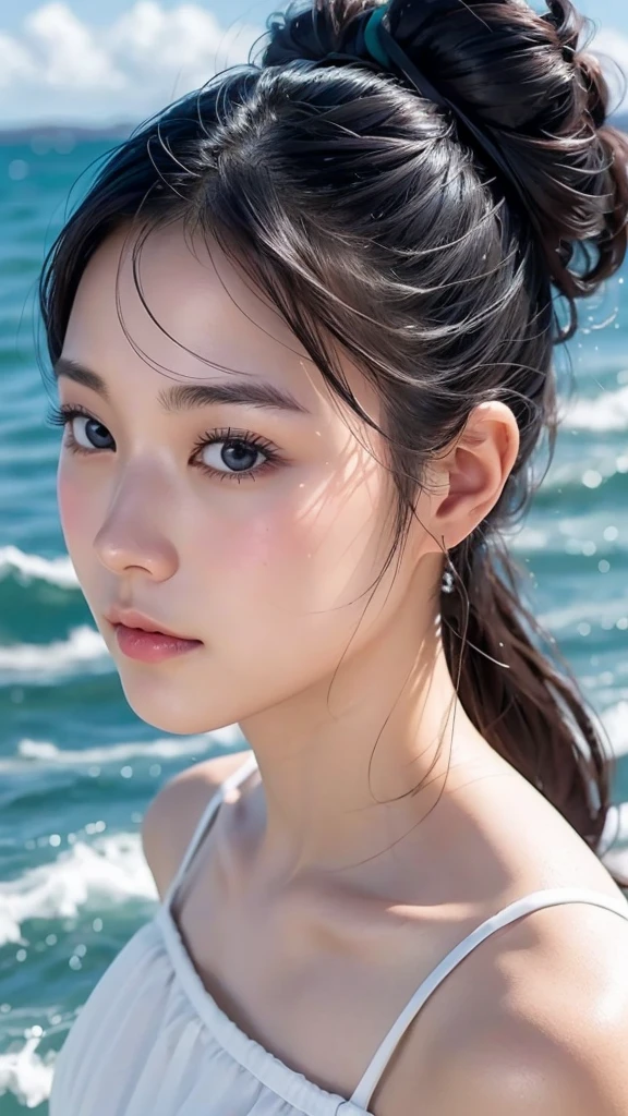Japanese women、Clothes that do not expose skin、Close-up of face、Ocean、Facing forward
