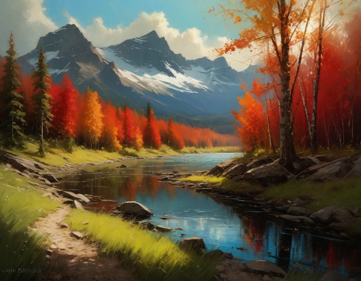 Jeremy Mann. (Nature and Landscapes painting) (Masterpiece, Best Quality, Impasto, 4K,) , Impasto oil painting, textured. Saturated deep colors. High contrast. Detail. Multi-layered image with cellular shadows. Beautiful Landscapes, A view of a lake in Canada Perfect Nature, Canada wildlife and nature landscapes, maple trees, Red maple leaves, Grassland, Spring vibrant colors, especially featuring local flora and fauna, golden ratio, award-winning, highly detailed, centered, drawn, complex, volumetric lighting, beautiful, masterpiece, depth of field, perfect composition, high resolution 8K, palette knife and brush strokes, Artistic style Ivan Shishkinl artist.
