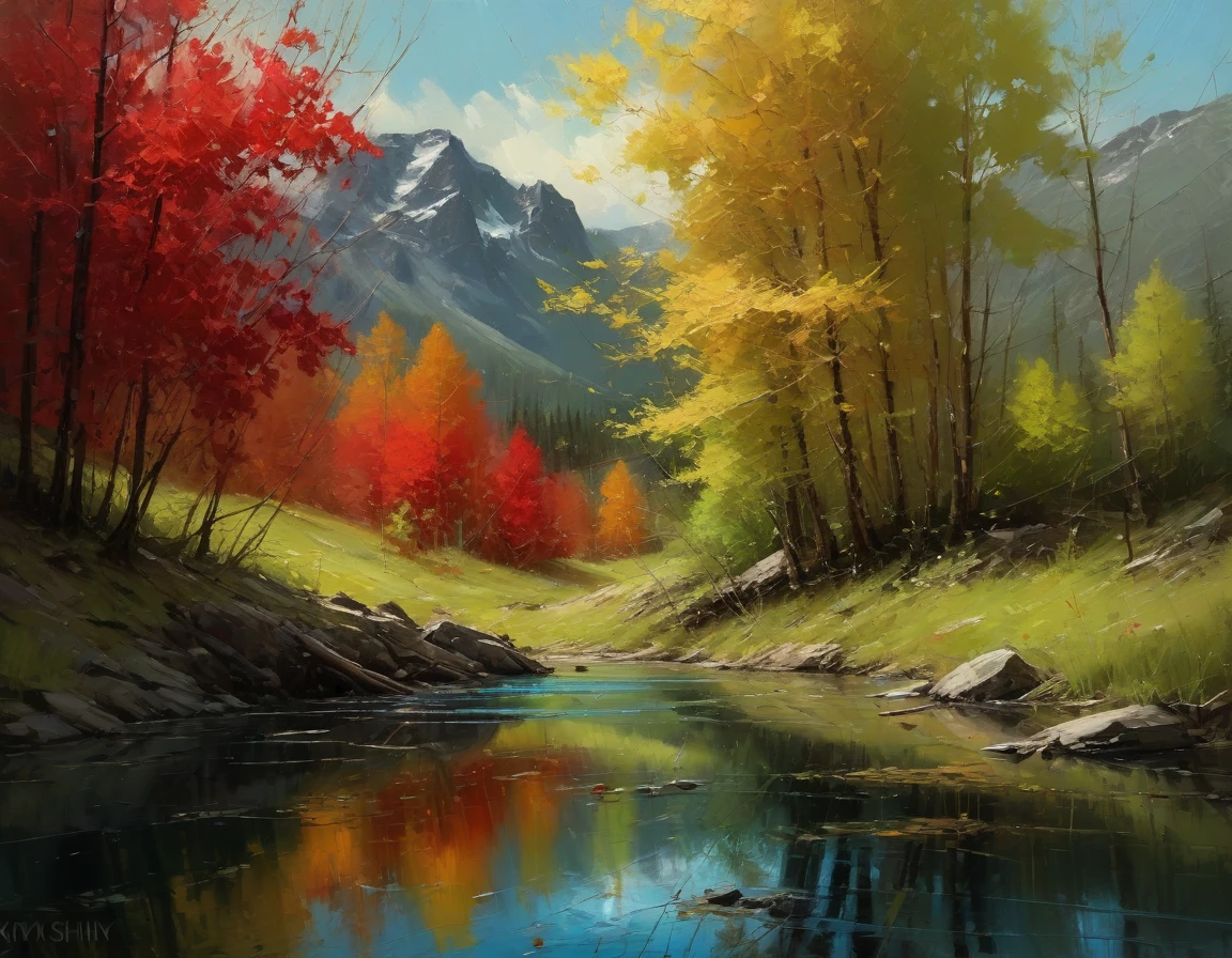 Jeremy Mann. (Nature and Landscapes painting) (Masterpiece, Best Quality, Impasto, 4K,) , Impasto oil painting, textured. Saturated deep colors. High contrast. Detail. Multi-layered image with cellular shadows. Beautiful Landscapes, A view of a lake in Canada Perfect Nature, Canada wildlife and nature landscapes, maple trees, Red maple leaves, Grassland, Spring vibrant colors, especially featuring local flora and fauna, golden ratio, award-winning, highly detailed, centered, drawn, complex, volumetric lighting, beautiful, masterpiece, depth of field, perfect composition, high resolution 8K, palette knife and brush strokes, Artistic style Ivan Shishkinl artist.