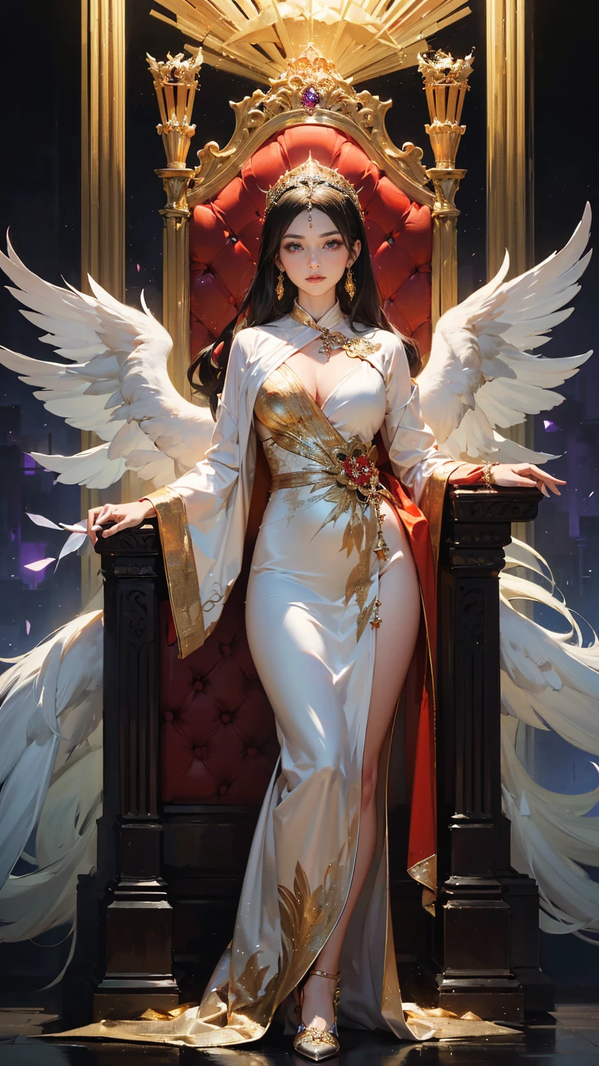 (ultra-detailed, photorealistic, best quality, 4k, 8k, highres, masterpiece:1.3), Empress Xifeng, also known as The Eternal Flame, , She is depicted as an ethereal beauty, flawless porcelain skin, long flowin black hair, eyes are a mesmerizing shade of amethyst, reflecting both wisdom and mystery, wearing a Top: An exquisite gown made from the finest silks, adorned with intricate embroidery and precious jewels in shades of gold, red, and purple, Accessories: An elaborate headdress featuring phoenix motifs and precious stones, Background: Elements of the imperial palace with grand pillars, opulent tapestries, and a majestic throne, The atmosphere is serene and majestic, emphasizing her divine beauty and wisdom, (((intricate detail, super finely detailed hands, ultra finely detailed fingers, ten fingers, standing regally, full body showcase, show full body))).