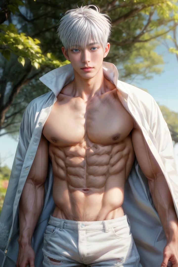Japanese male model, , handsome, perfect face, detailed eyes and face, clean shaved, sixpack realistic, white eyebrow hair, white eyelashes, dynamic lighting, unreal engine 5, hd picture, satoru gojo, white hair, short hair ,hair betweeyes ,blue eyes, white skin, Short jeans