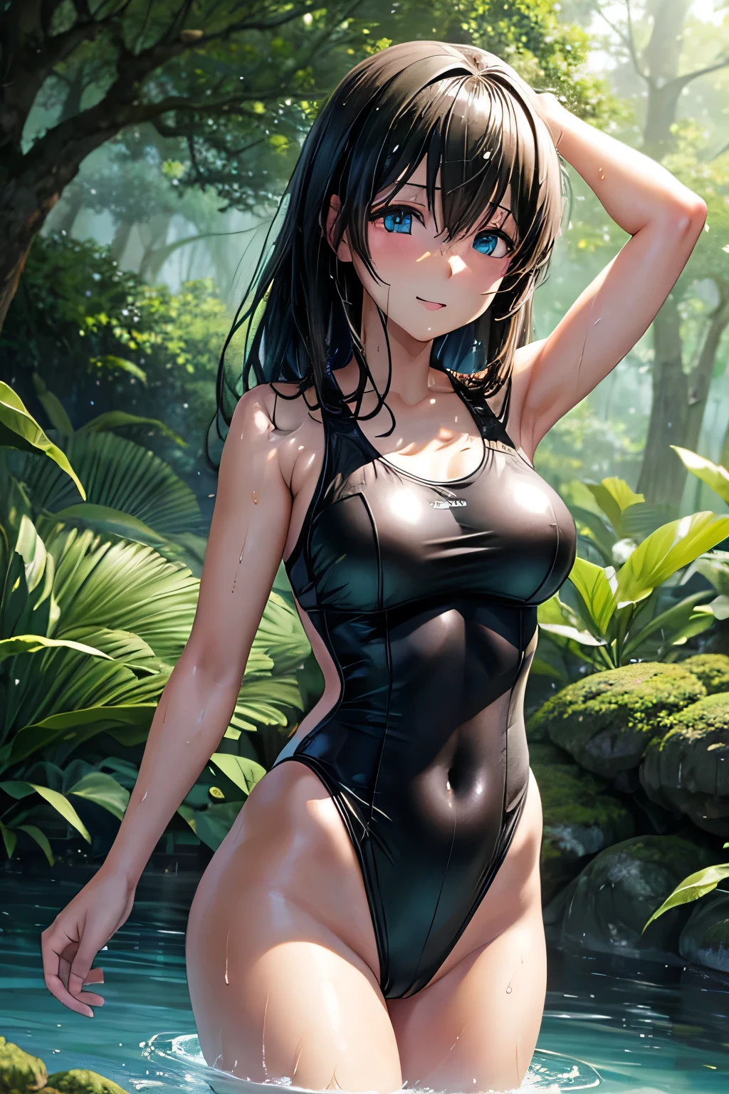 Anime girl in black swimsuit poses in the forest, pixiv, what is?, moist and shiny,beautiful anime girl, The character is in his natural pose.,wet swimsuit
