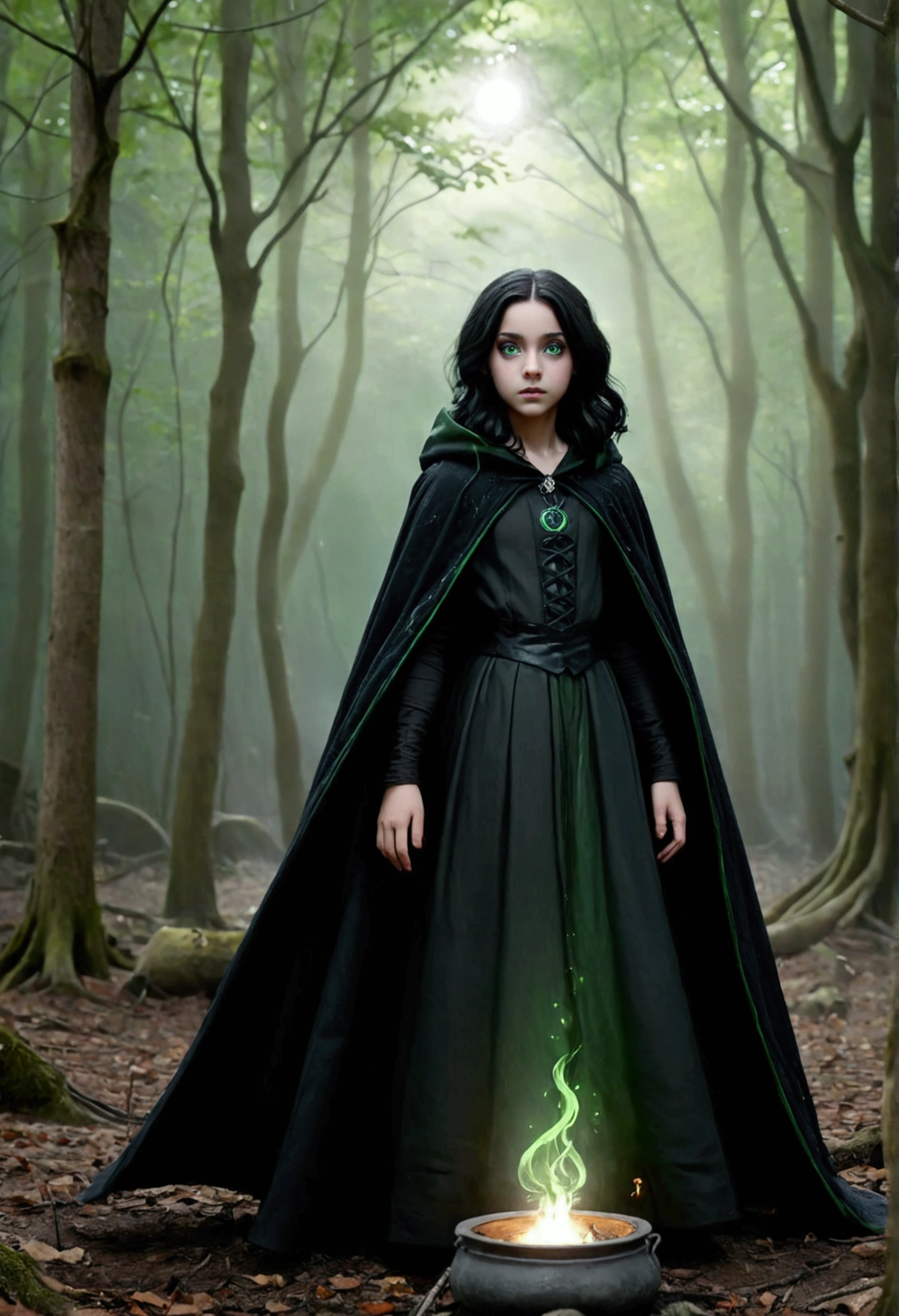 Create an image of a Ultra realistic girl , daughter of severus snape , black hair, green eyes ,(((13years old))),witch performing magic in a moonlit forest clearing. The witch wears a flowing cloak and her eyes glow intensely. Symbols of power form in the air around her as she casts spells. A cauldron emits mist over a fire. The scene evokes both wonder and unease, with deep colours and stark contrasts. Capture the witch's focus and the mystical atmosphere in this captivating image
