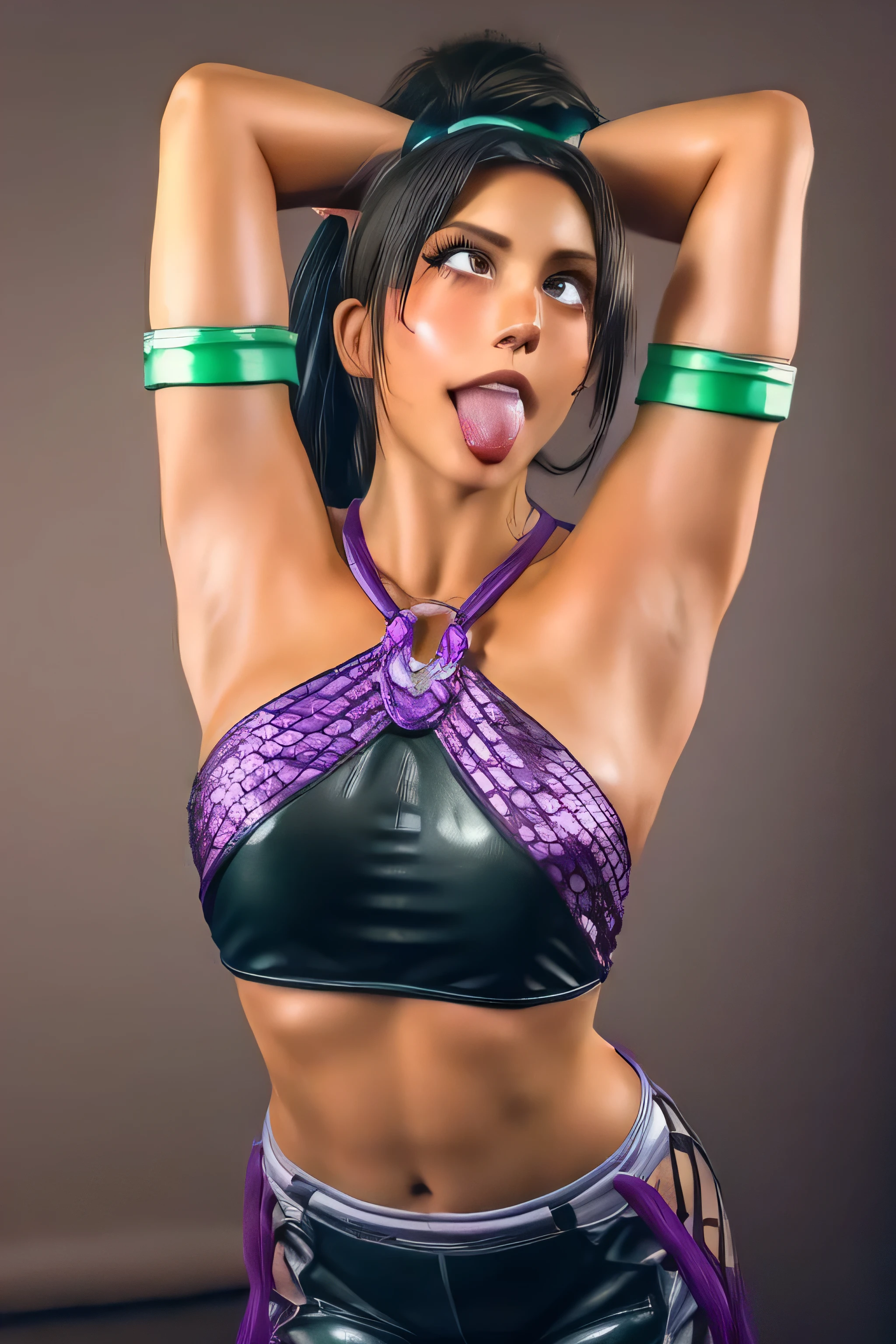 1 girl, standing, Christie Monteiro,18 years old, shorts, brownish black hair, hair tied in a ponytail, medium breasts,purple bikini top,capture anime screen, mature appearance,armpits,sweat,sweaty,sweaty armpits,arms up,showing armpits,awesome armpits,outfit, purple green arm warmers, purple green bands, arm warmers