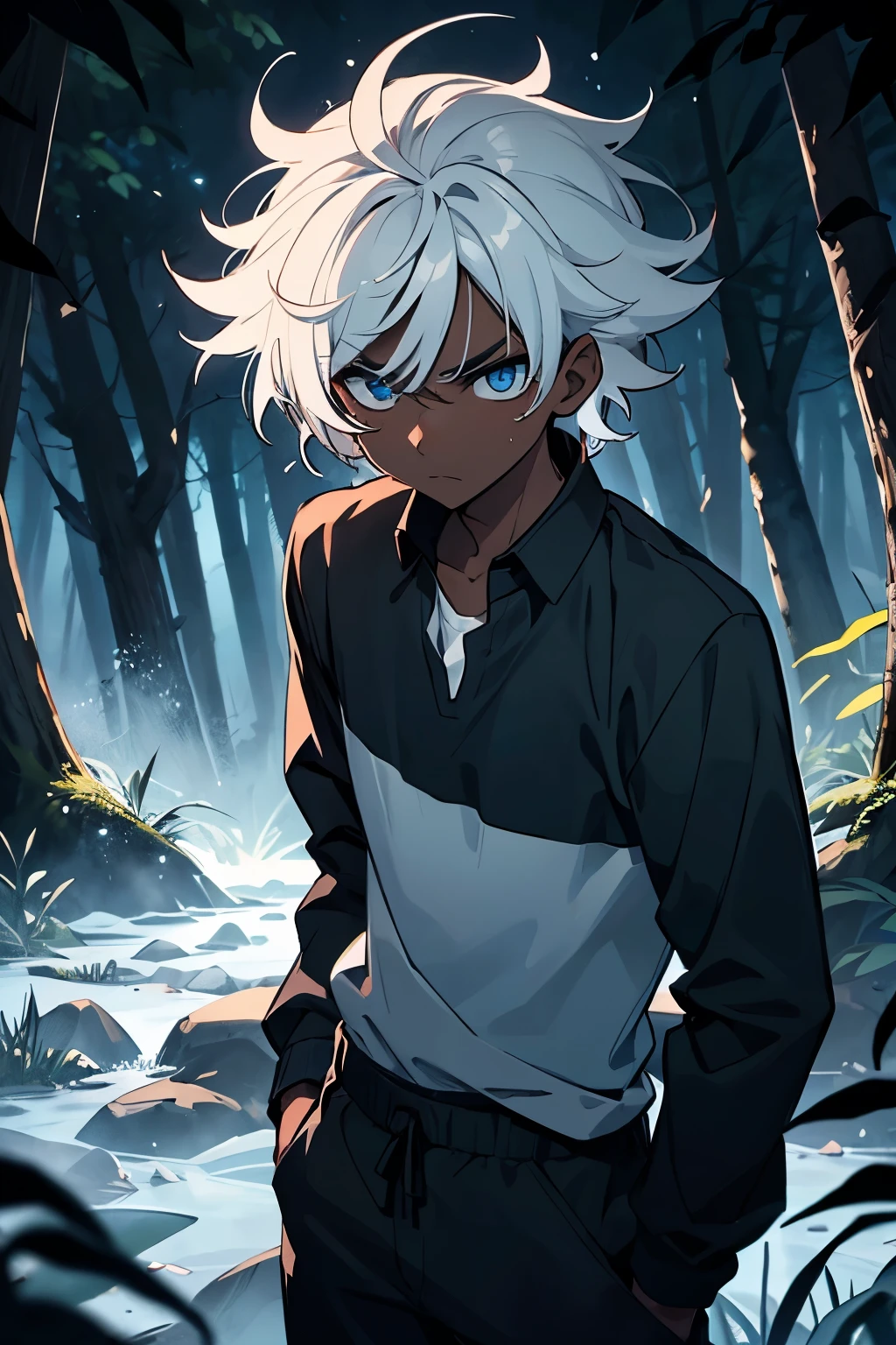 young male, dark skin, white hair, messy hair, light blue eyes, black long-sleeved shirt, black sweatpants, in a dark forest at night, cold expression
