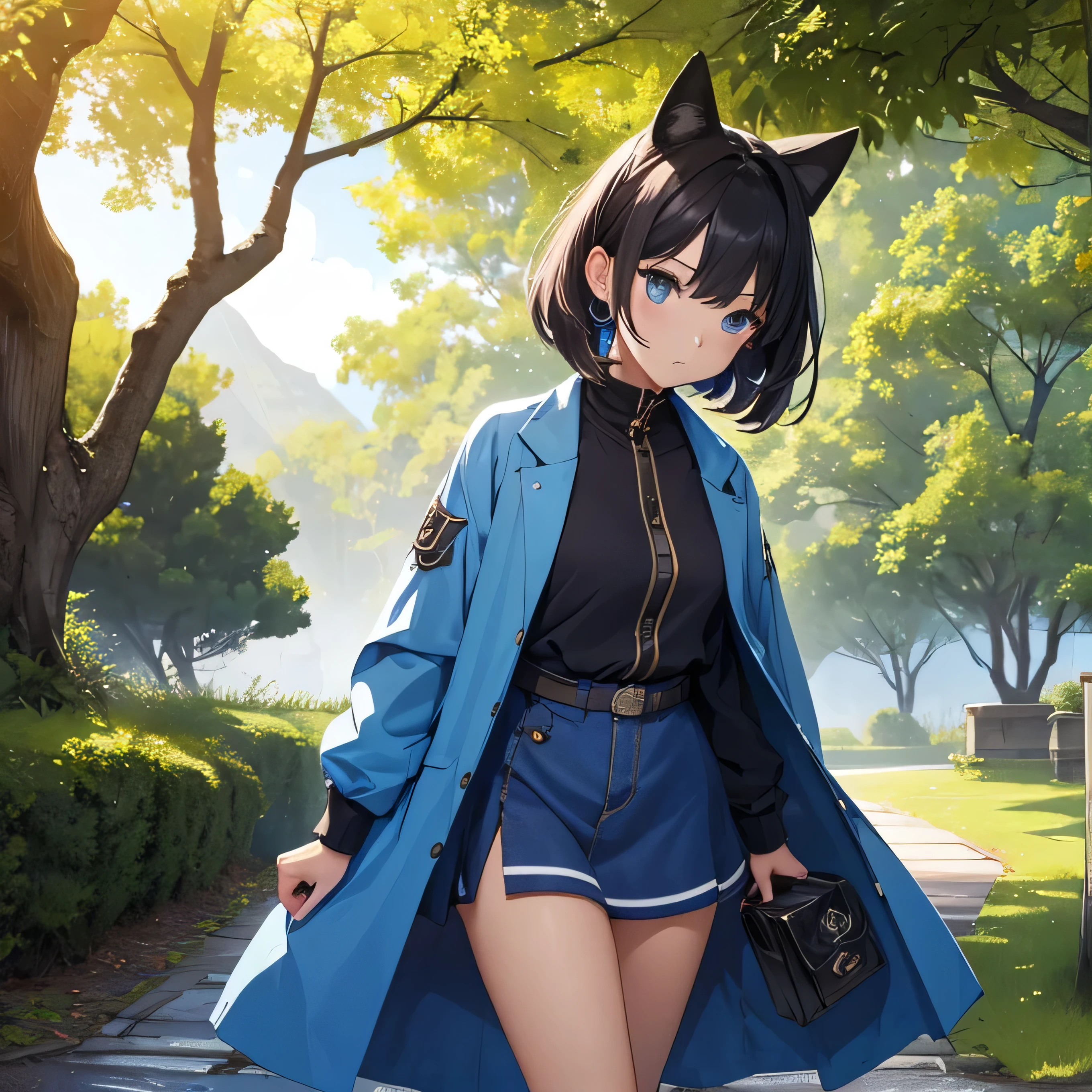 Make an image of a girl , lisa style clothing,genshin impact , blue clothes , revealing slightly,solo, standing near a tree,frictional clothes,mythical outfit.