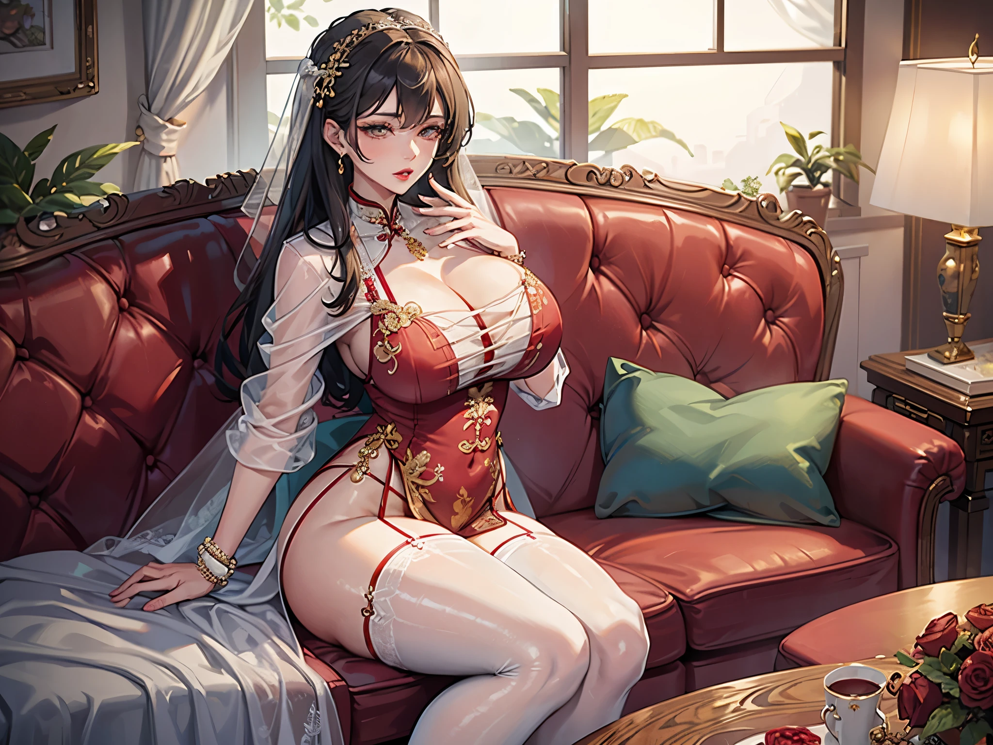 wearing Layered Necklace; a symbol of commitment in the form of a wedding ring graced her finger, while her wrist was embellished by a prestigious branded timepiece alongside delicate bracelets.a mature chinese woman , grey hair,sitting on the sofa ,showcasing her confidence and charm.thick thighs,fleshy thighs,revealing her thighs,big natural breasts,huge round breasts,busty mature woman,supermodel figure,perfect body,Wearing embroidered silk pajamas, with disheveled hair falling across her chest, her appearance is haggard, yet her red lips stand out vividly.She was wearing garter stockings.