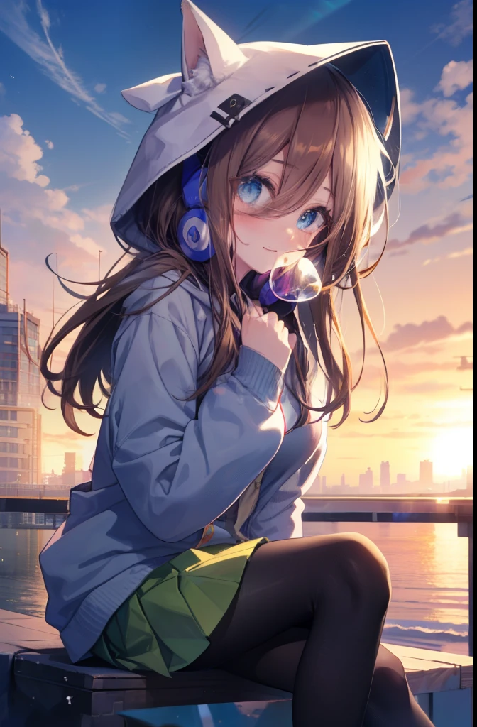miku nakano, Nakano Miku Ticket III, Long Hair, bangs, blue eyes, Brown Hair, Hair between the eyes, blush,smile,Neck headphones1:1,Blue hoodie,Wearing a hood,Green pleated skirt,Grey pantyhose,short boots,I put my hands in my hoodie pockets..,sunrise,morning,morning日,Blowing bubble gum, ピンクの風船ガム
break outdoors, city,Building district,
break looking at viewer,
break (masterpiece:1.2), Highest quality, High resolution, unity 8k wallpaper, (shape:0.8), (Beautiful and beautiful eyes:1.6), Highly detailed face, Perfect lighting, Highly detailed CG, (Perfect hands, Perfect Anatomy),