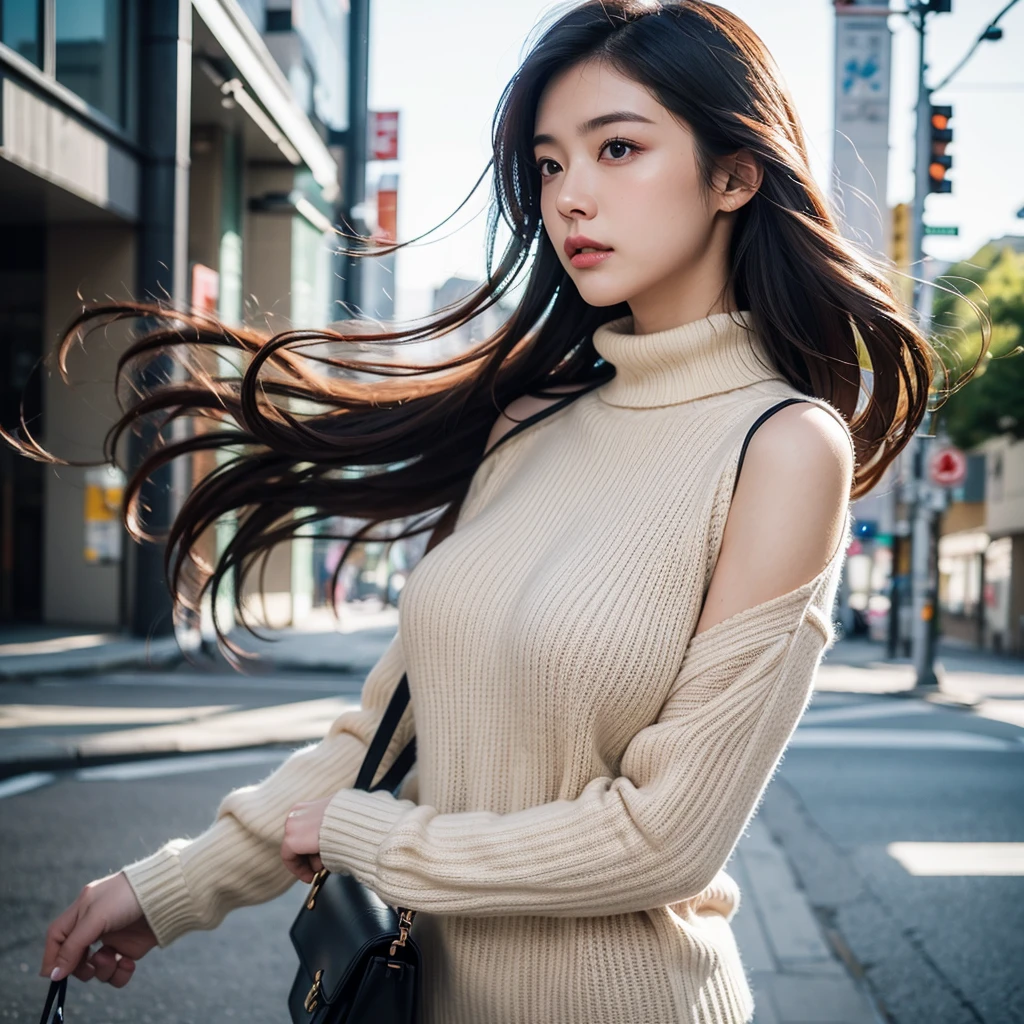 (Colossal tits、Turtleneck knitwear、Shoulder bag)、(top-quality,​masterpiece:1.3,超A high resolution,),(ultra-detailliert,Caustics),(Photorealsitic:1.4,RAW shooting,)Ultra-realistic capture,A highly detailed,high-definition16Kfor human skin、 Skin texture is natural、、The skin looks healthy with an even tone、 Use natural light and color,One Woman,japanes,,kawaii,A dark-haired,Middle hair,(depth of fields、chromatic abberation、、Wide range of lighting、Natural Shading、)、(Hair swaying in the wind:1.2)、Streets of Tokyo