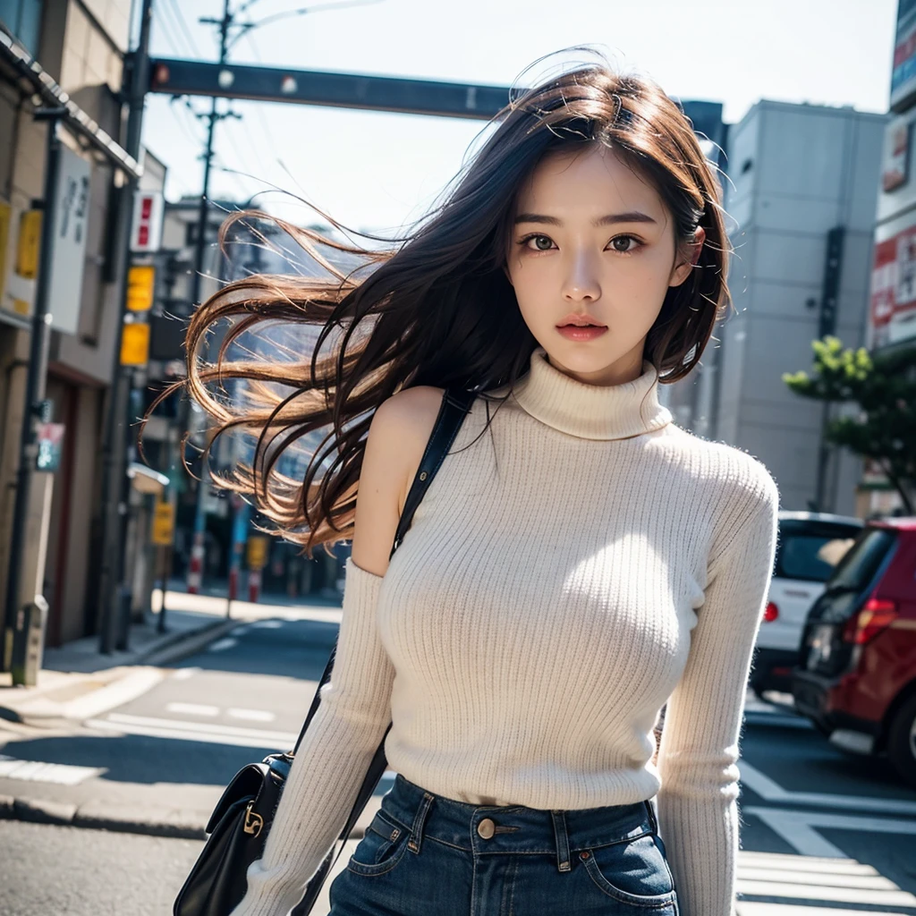 (Colossal tits、Turtleneck knitwear、Shoulder bag)、(top-quality,masterpiece:1.3,超A high resolution,),(ultra-detailliert,Caustics),(Photorealsitic:1.4,RAW shooting,)Ultra-realistic capture,A highly detailed,high-definition16Kfor human skin、 Skin texture is natural、、The skin looks healthy with an even tone、 Use natural light and color,One Woman,japanes,,kawaii,A dark-haired,Middle hair,(depth of fields、chromatic abberation、、Wide range of lighting、Natural Shading、)、(Hair swaying in the wind:1.2)、Streets of Tokyo