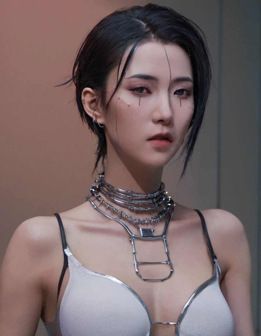 A stunning 4K photo-realistic image of a cyberpunk demi-human girl with an Asian face. Her visage is adorned with intricate machine implants, including a sleek silver visor that covers her eyes, revealing only a small slit for vision. These implants enable advanced sensory input and communication with her cybernetic systems.

Her skin is pale, with visible scars that tell a story of her past battles and a faint line where her flesh meets the cold metal of her implants. The seams are barely noticeable, indicating skilled integration between her organic and mechanical components.

Her hair is black, spiked up in an aggressive yet stylish manner. Small LED lights are integrated into the strands, flickering with various colors to match her mood. The hair is a statement piece, reflecting her rebellious spirit. The overall atmosphere of the image is captivating, photo