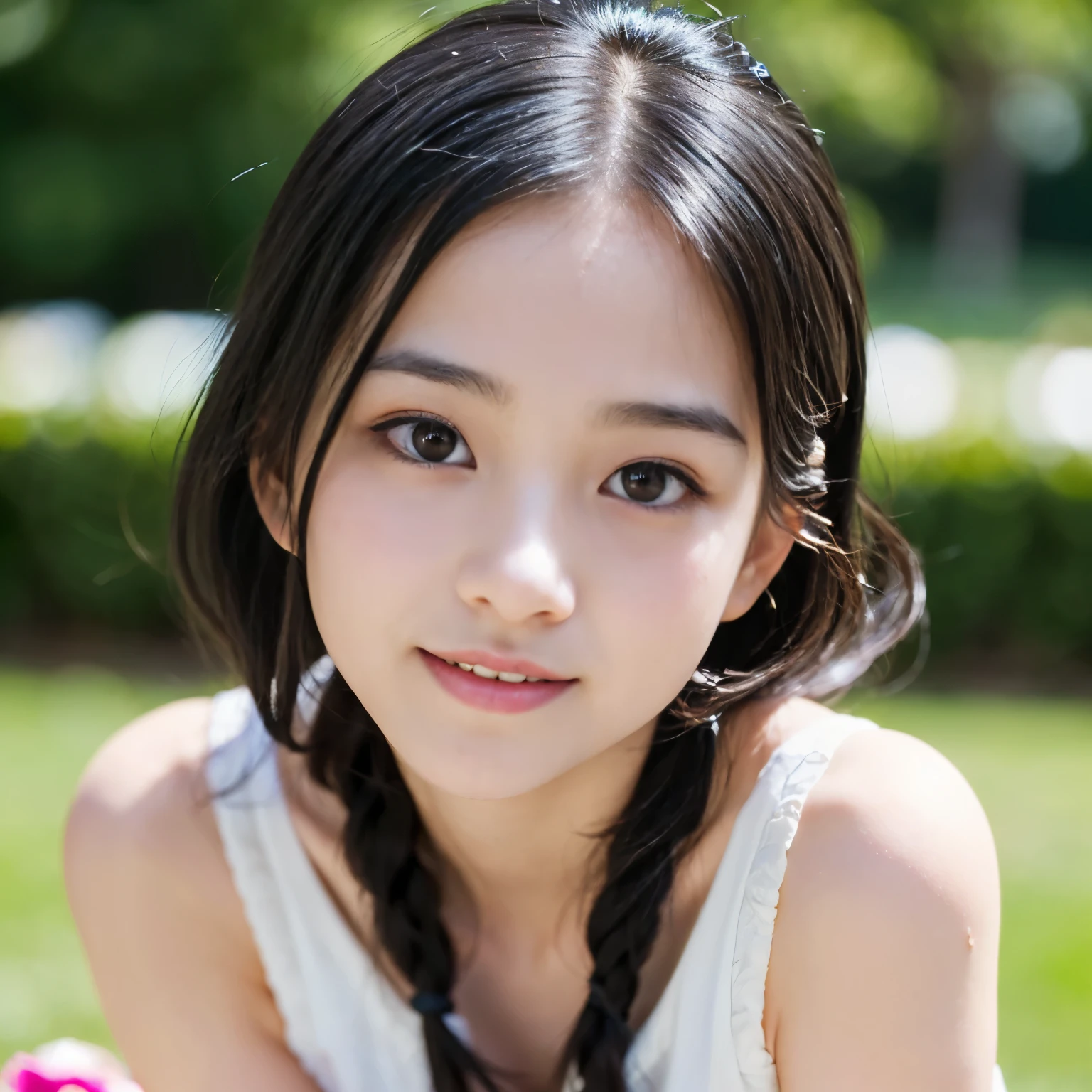 (Best-quality, Masterpiece, Ultra-High-Resolution, (Photorealistic:1.4), Raw Photo, depth of field, professional lighting, perfect anatomy, extremely details), (1girl, 15-years-old, the most famous Japanese idol), wearing casual-dress, looking at viewer, innocent smile, ((((extremely beautiful and extremely realistic skins)))), (((extremely cute face like the most popular Japanese idol)), (((extremely cute and extremely big black-eyes))), (extremely beautiful black-long-hair), (extremely cute long-eyelashes), (extremely cute lips)), ((She wants to have sex right now. Her head is full of erotic thoughts.):1.3)