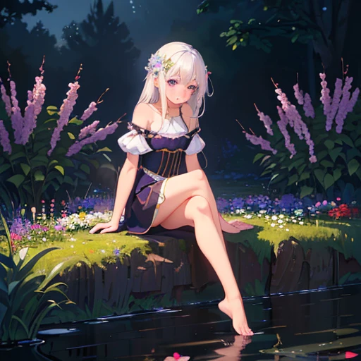 (best quality,4K,8K,high resolution,masterpiece:1.2),Very detailed,(Practical,photoPractical,photo-Practical:1.37),illustration,Soft Light,White hair girl,Deep purple eyes,Glowing eyes,sit down,barefoot,blush,Garden at night,Flowers.dew